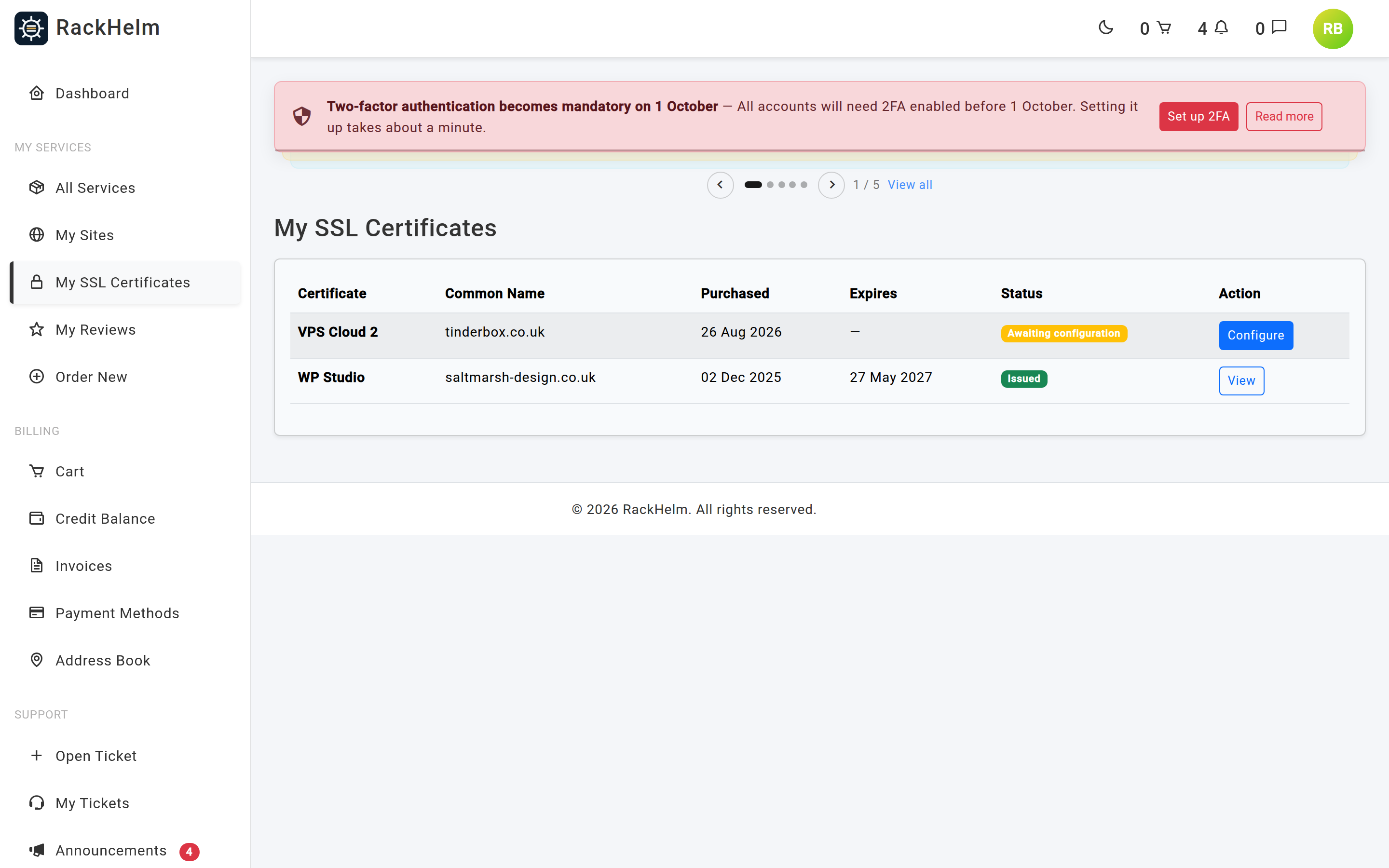The My SSL Certificates list with status badges and Configure buttons