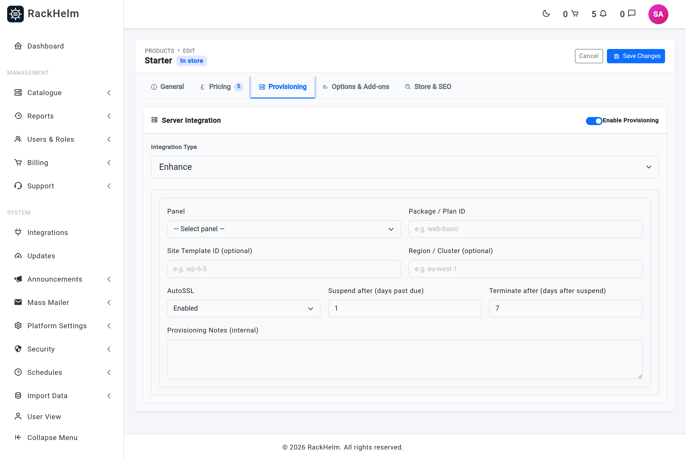A product's Provisioning tab with Enom SSL selected and the live SSL product dropdown open
