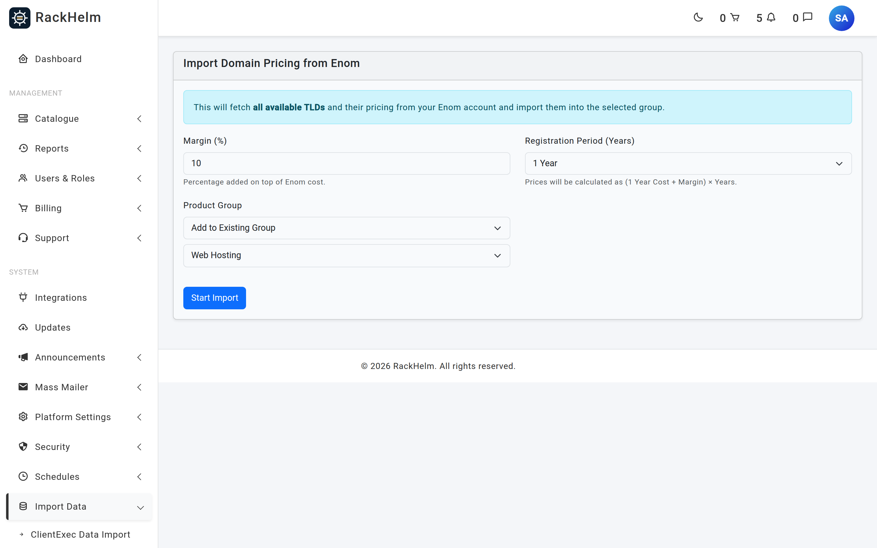The Import Domain Pricing from Enom form showing margin, years and product group fields