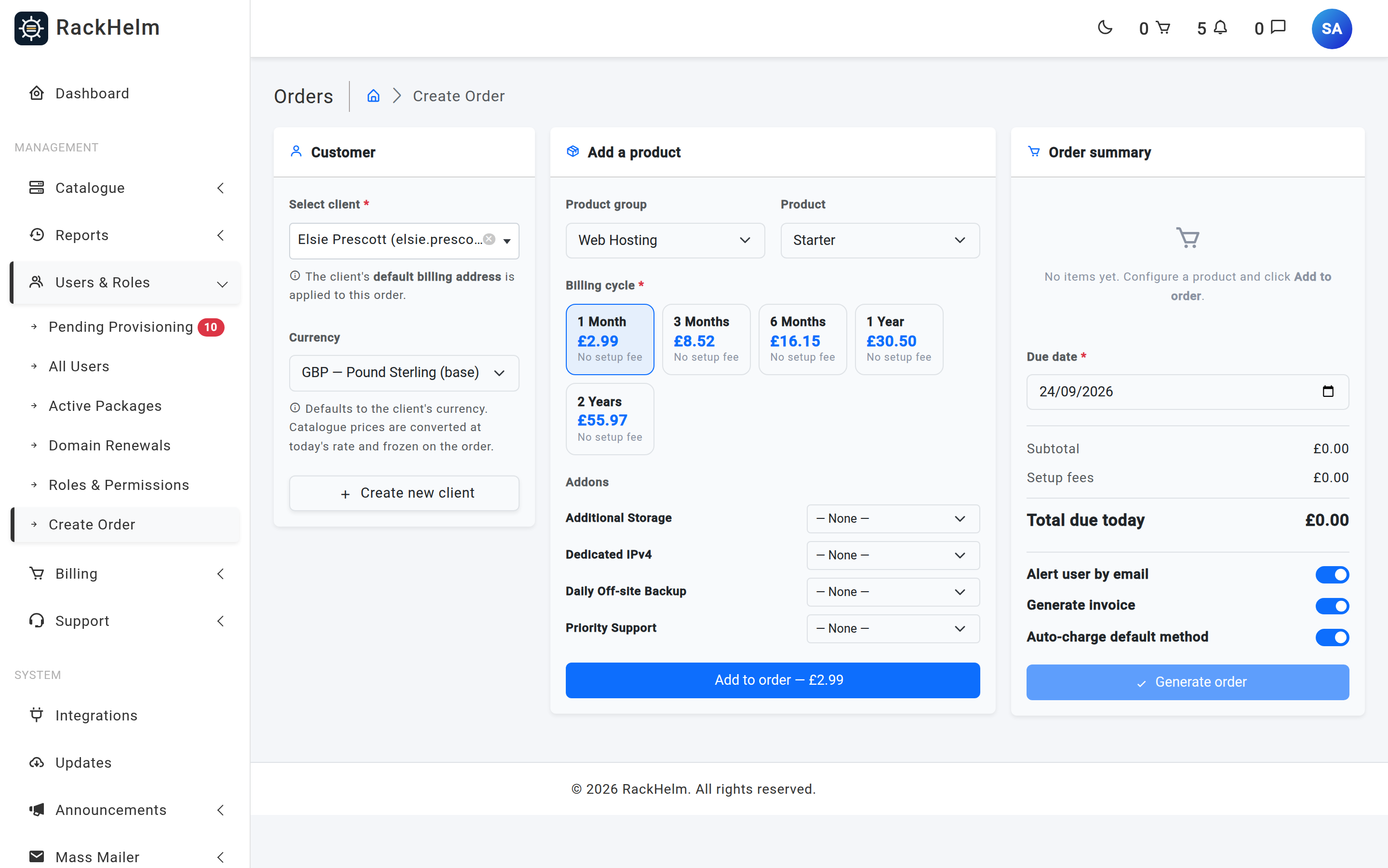 The Create Order screen with a Customer panel on the left, a product configurator in the centre and an order summary on the right