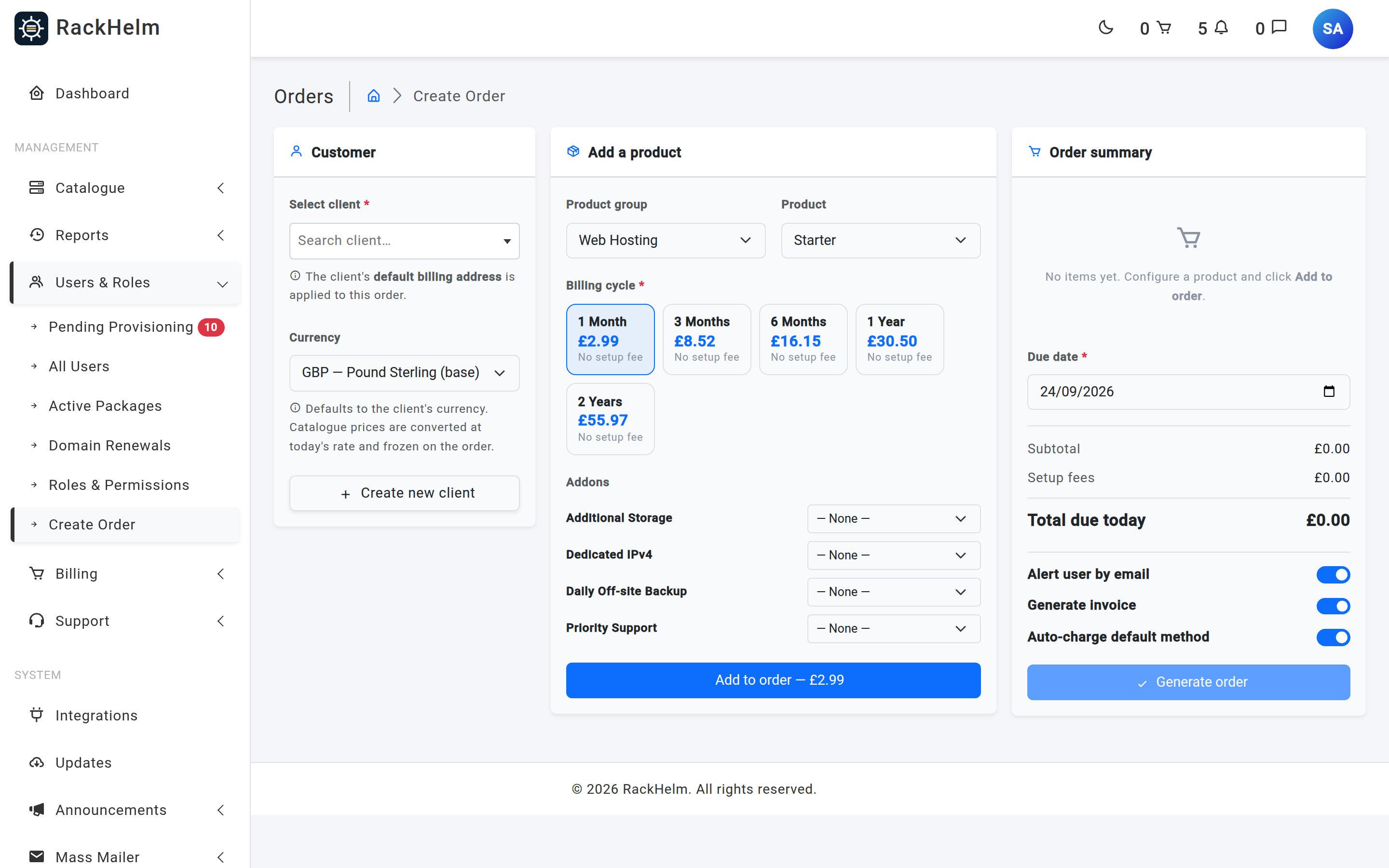 The product configurator showing billing cycle tiles, addon dropdowns priced per cycle, and custom variable inputs
