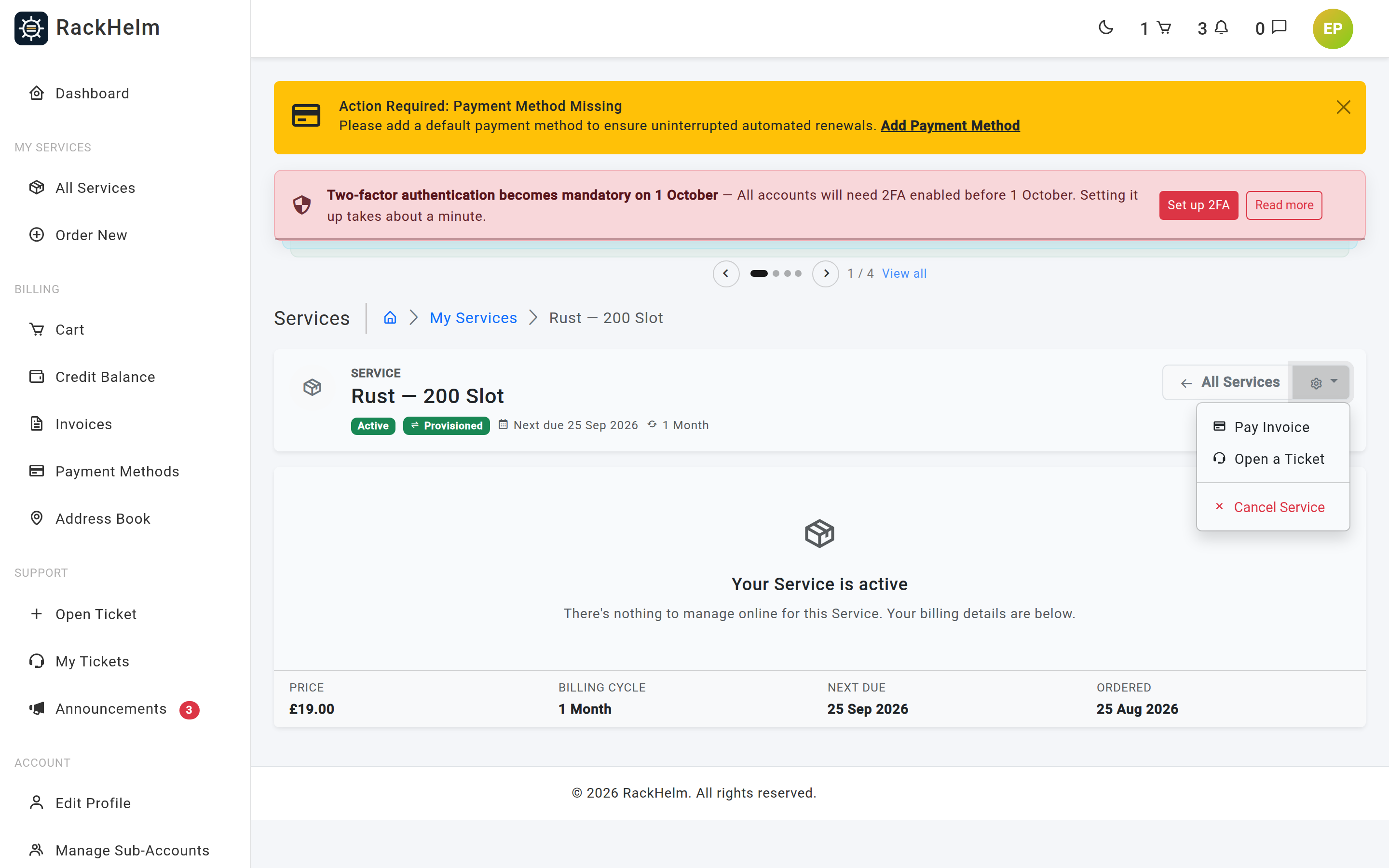A customer service page with the management dropdown open showing Cancel Service in red