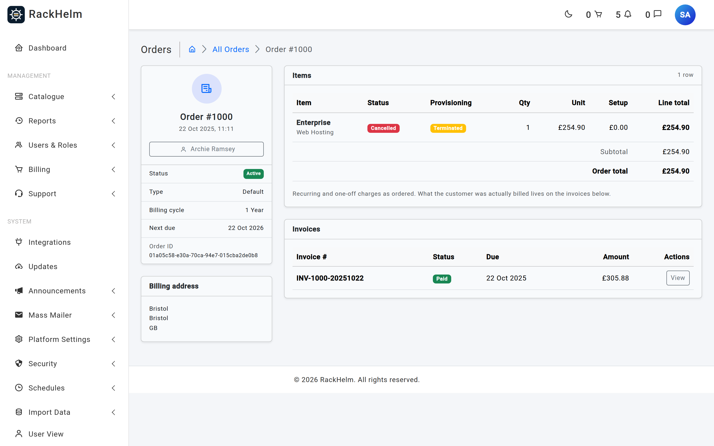 An order detail page with a summary sidebar, an items table with totals, and an invoices table