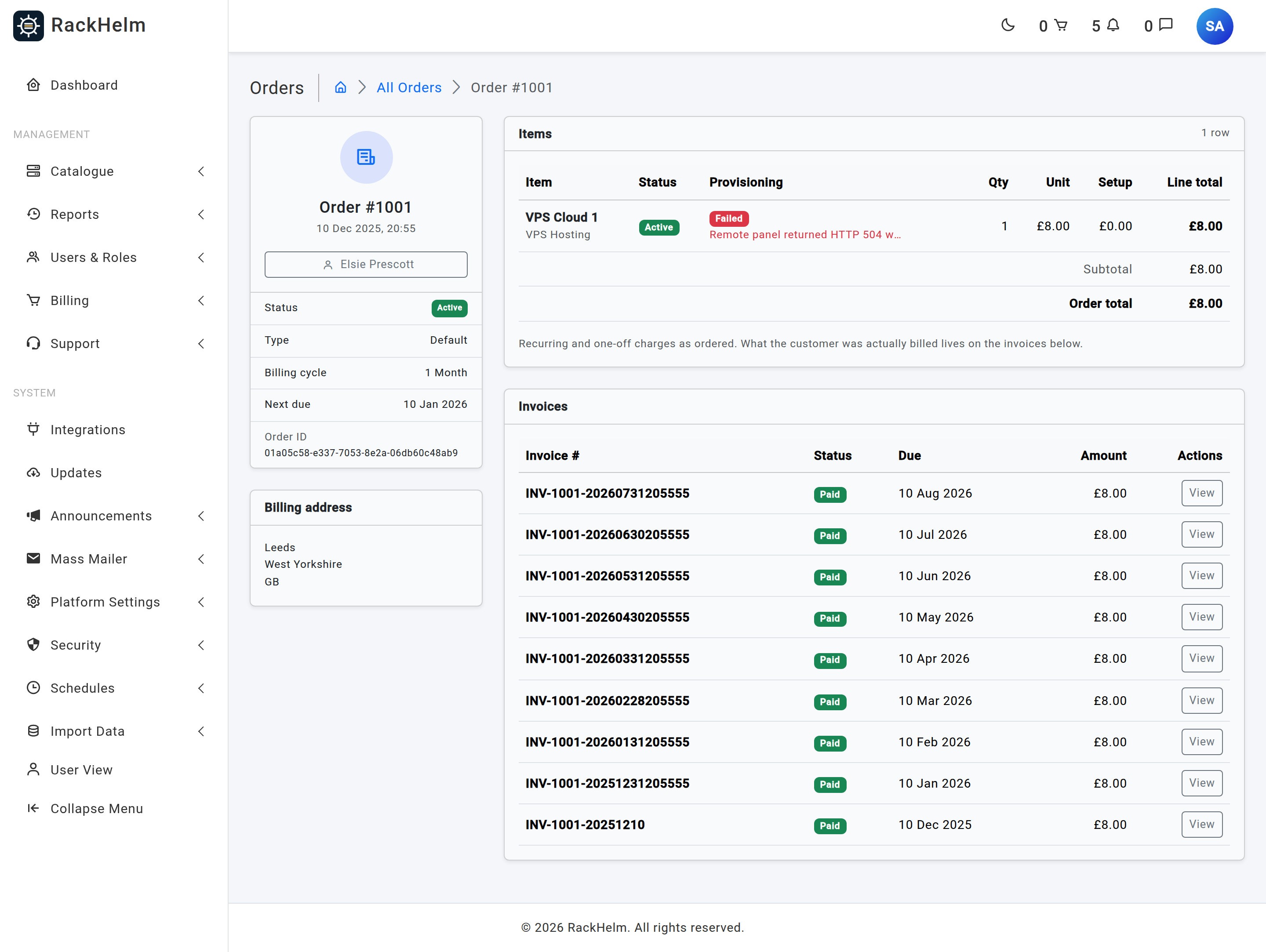 An order detail page listing items with separate Status and Provisioning columns