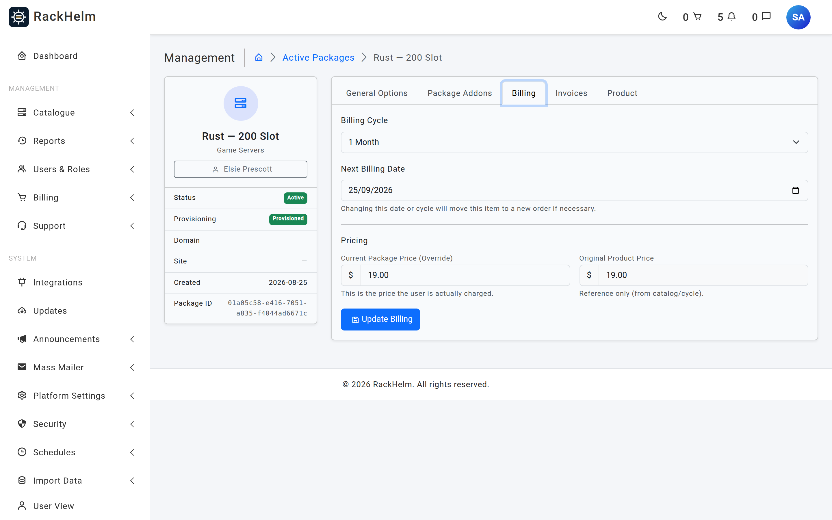 The package Billing tab with billing cycle, next billing date, a price override and the original product price