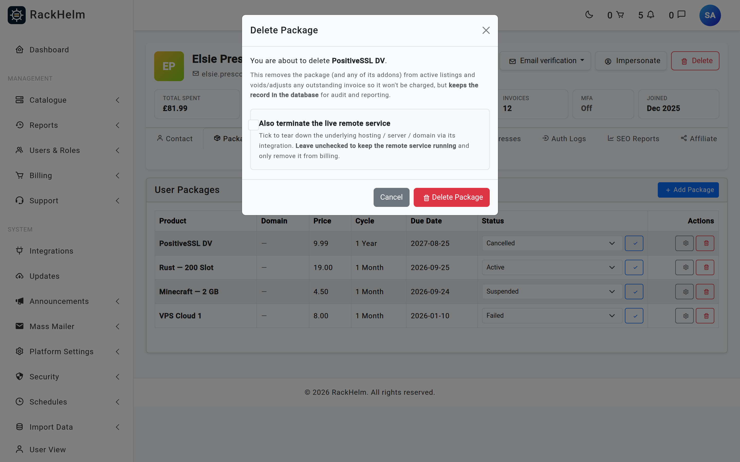 The Delete Package confirmation modal with an optional Also terminate the live remote service checkbox