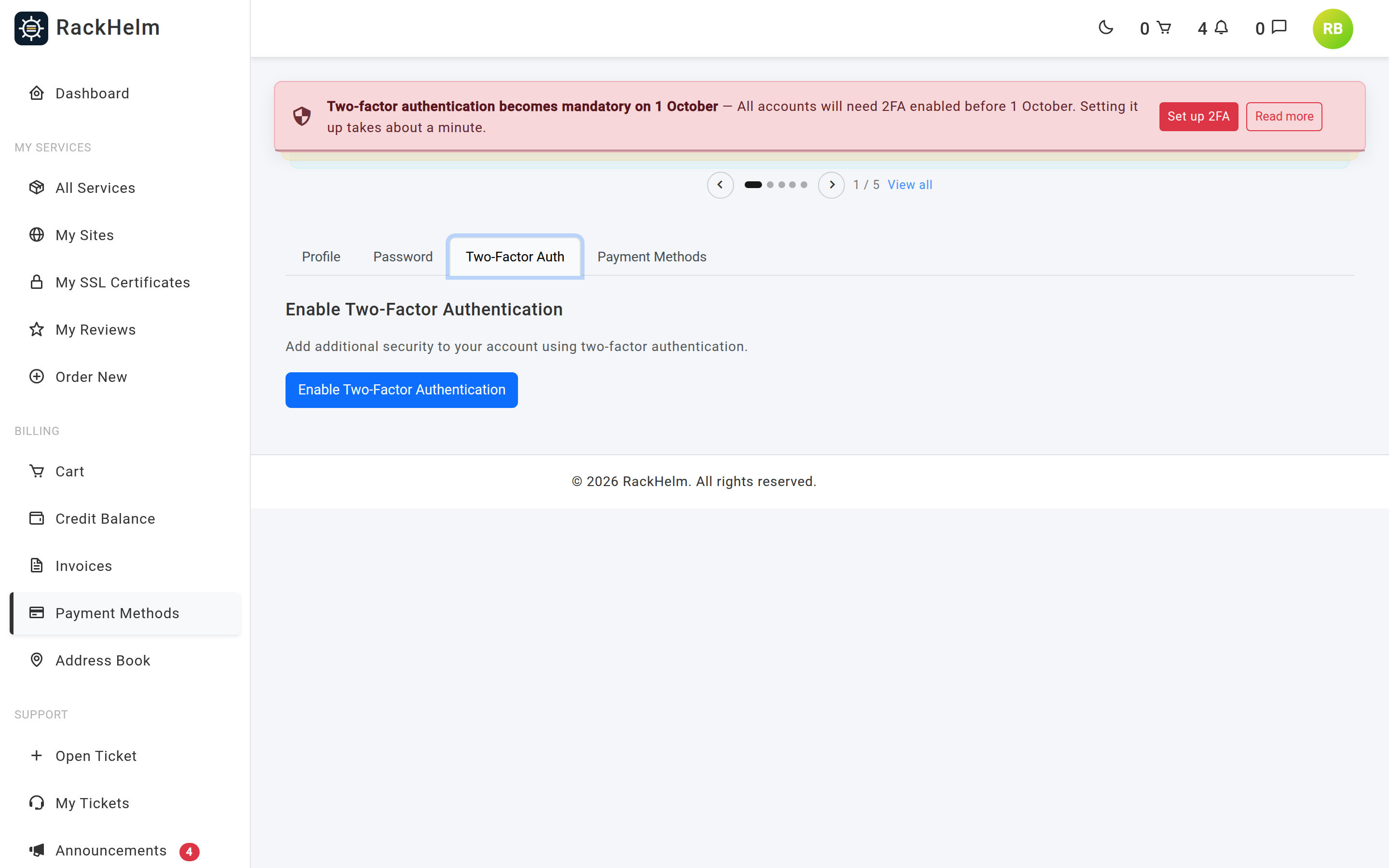 The Two-Factor Auth tab showing a QR code, a copyable setup key and a code entry box