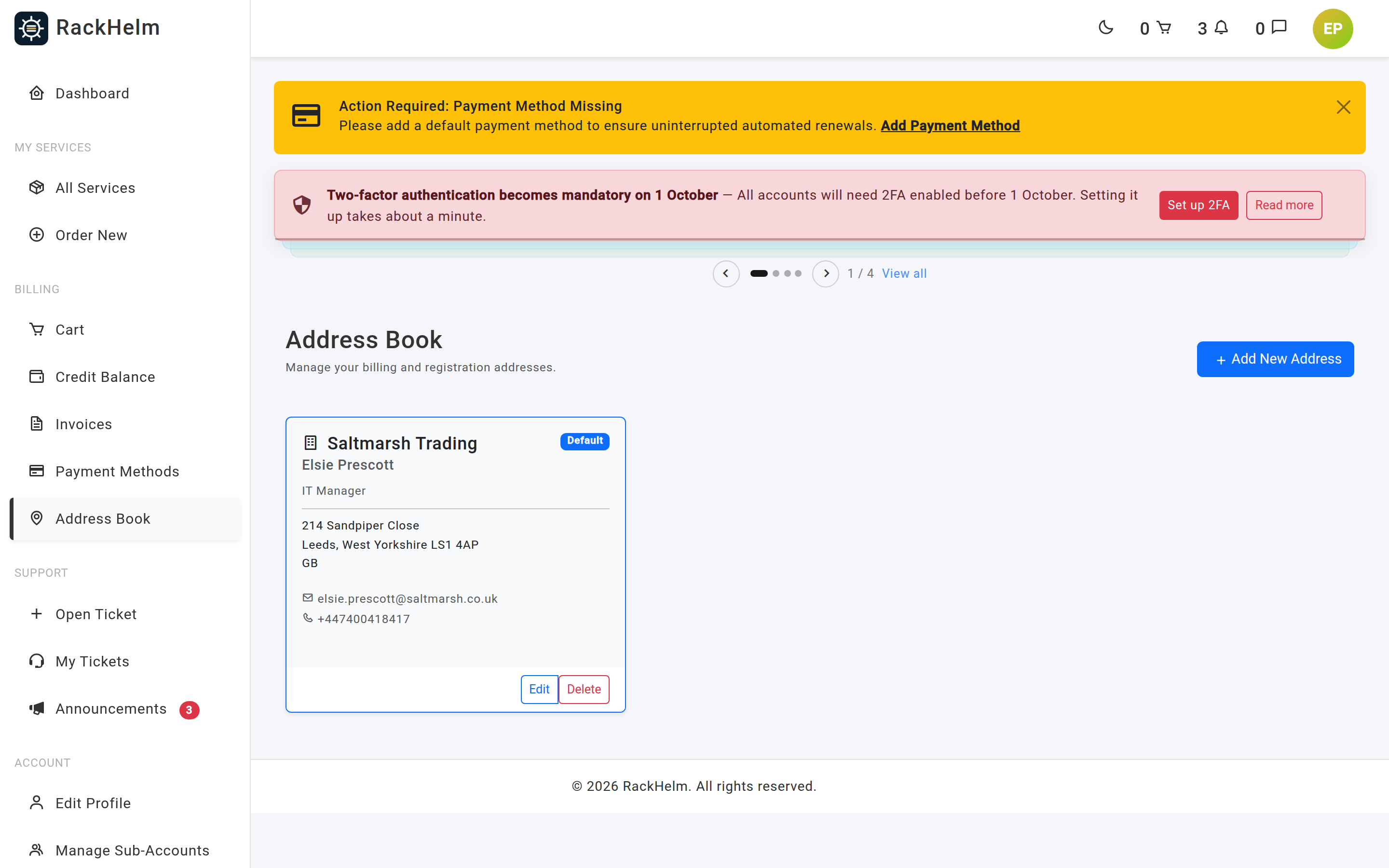 The address book showing address cards with Make Default, Edit and Delete buttons