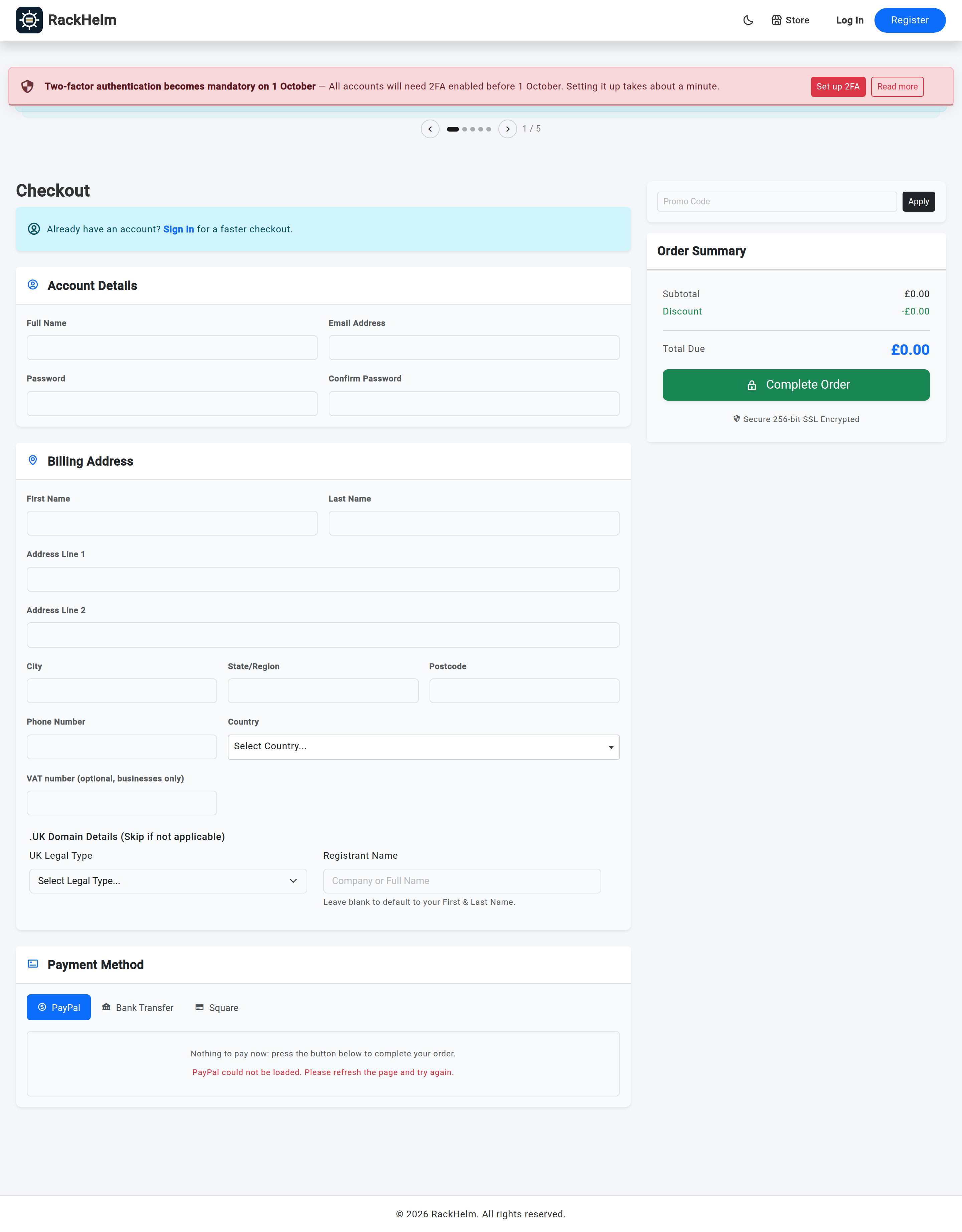 The checkout page with billing address, payment method and an order summary panel