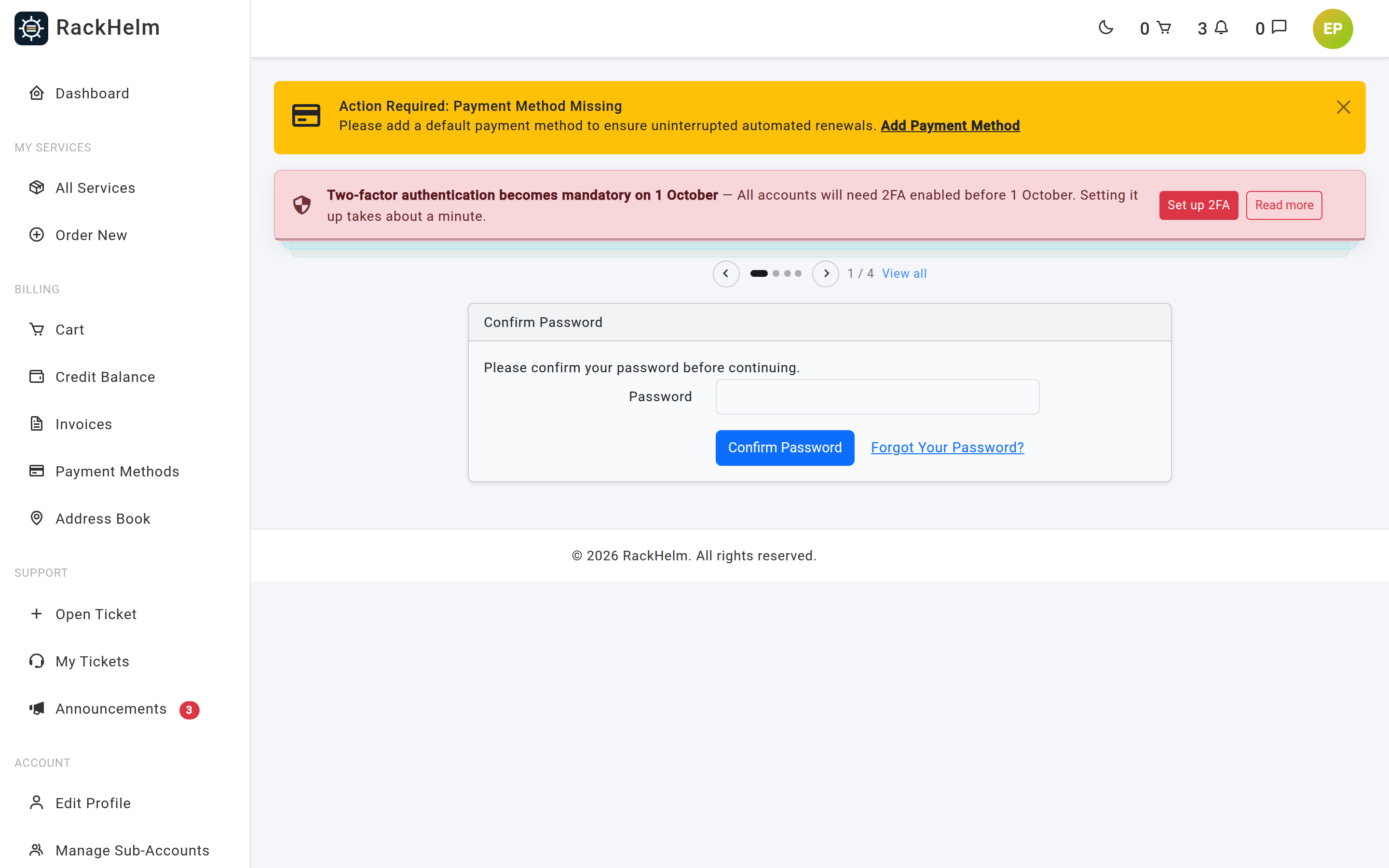 The Confirm Password page with a single password box and a Confirm Password button