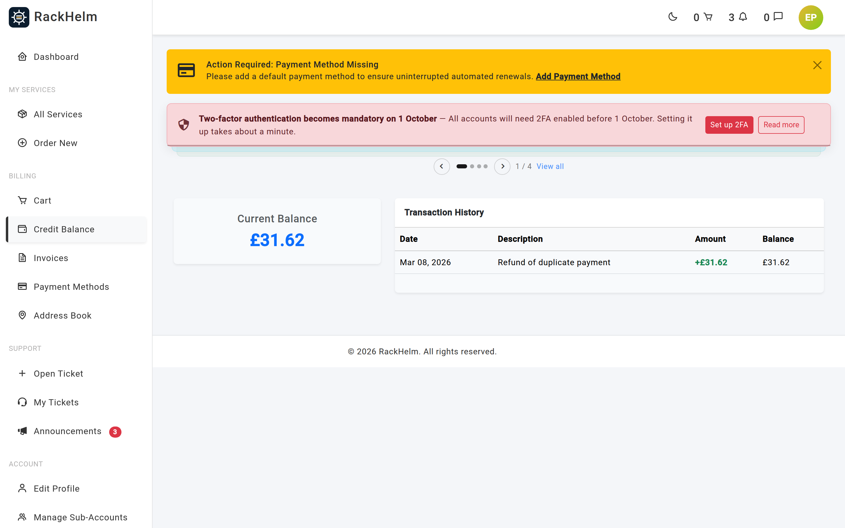 The credit page showing the current balance, an Add Funds form and a transaction history table