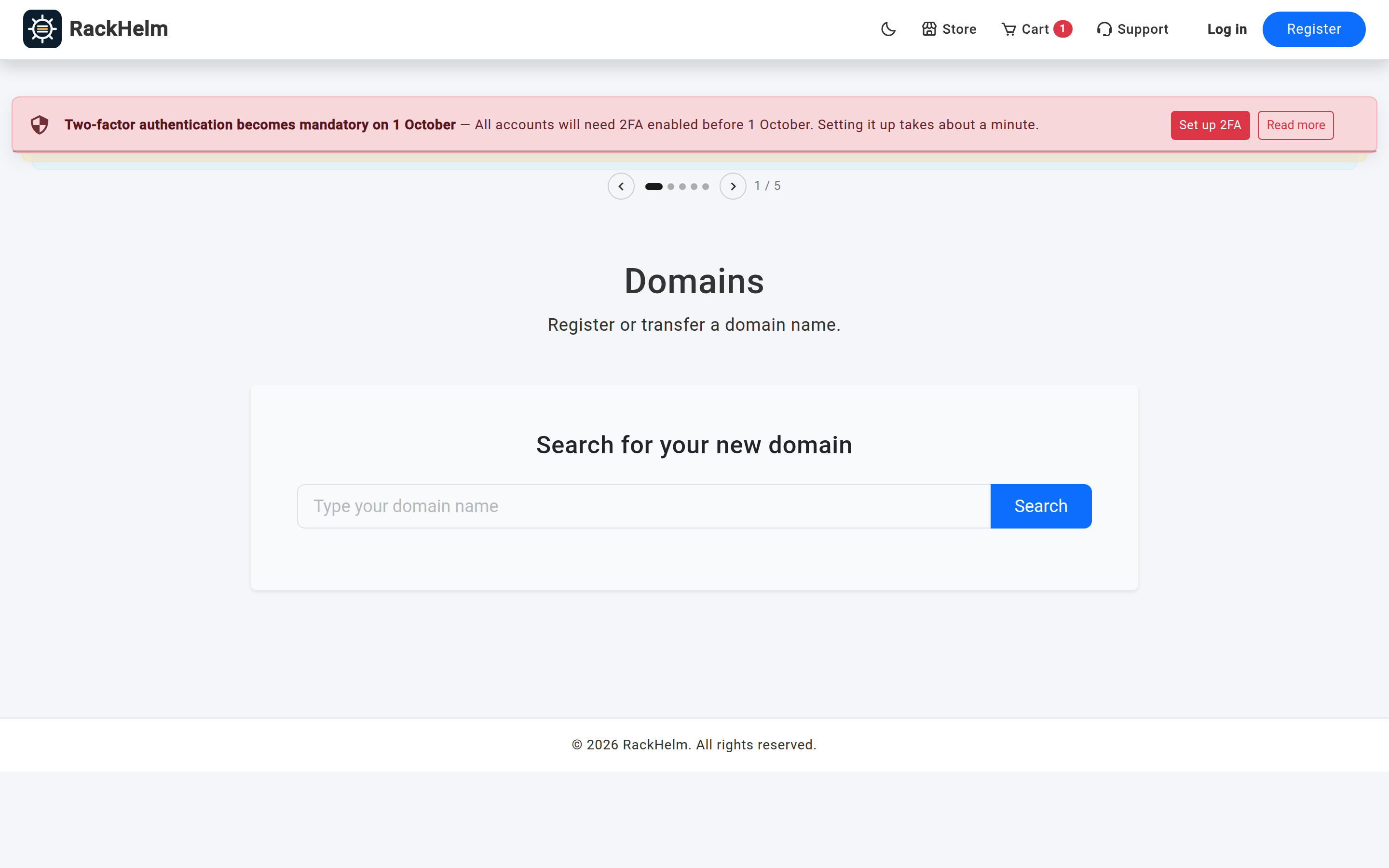 The domain search box above a results list showing an exact match and alternative extensions