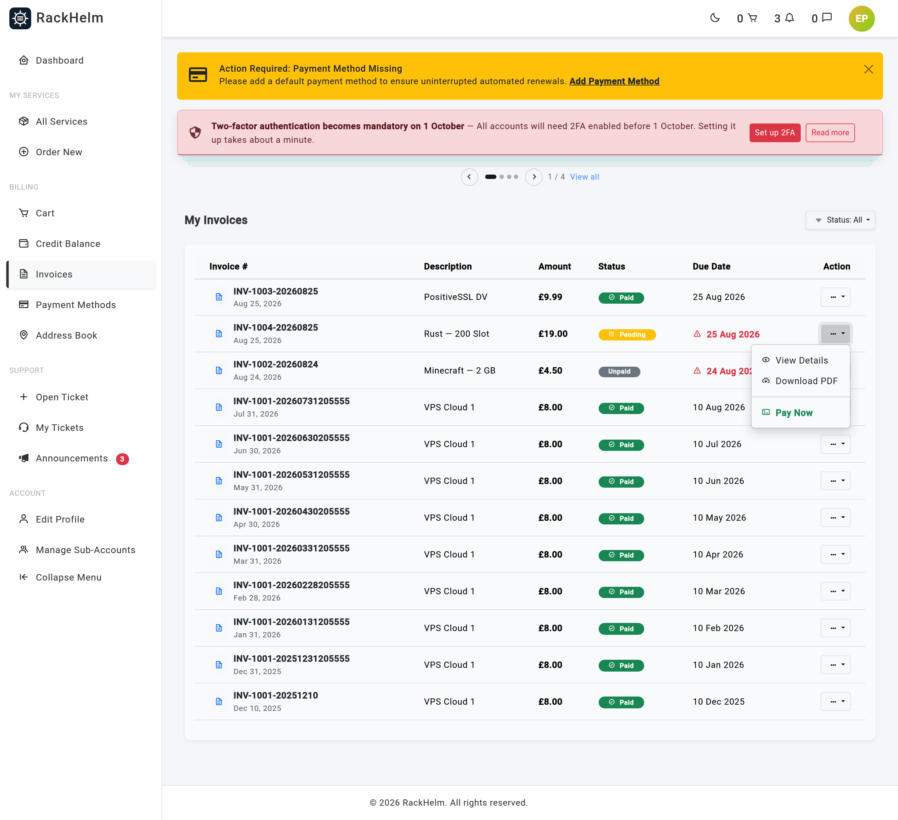 The invoice list with a status filter and per-row action menu