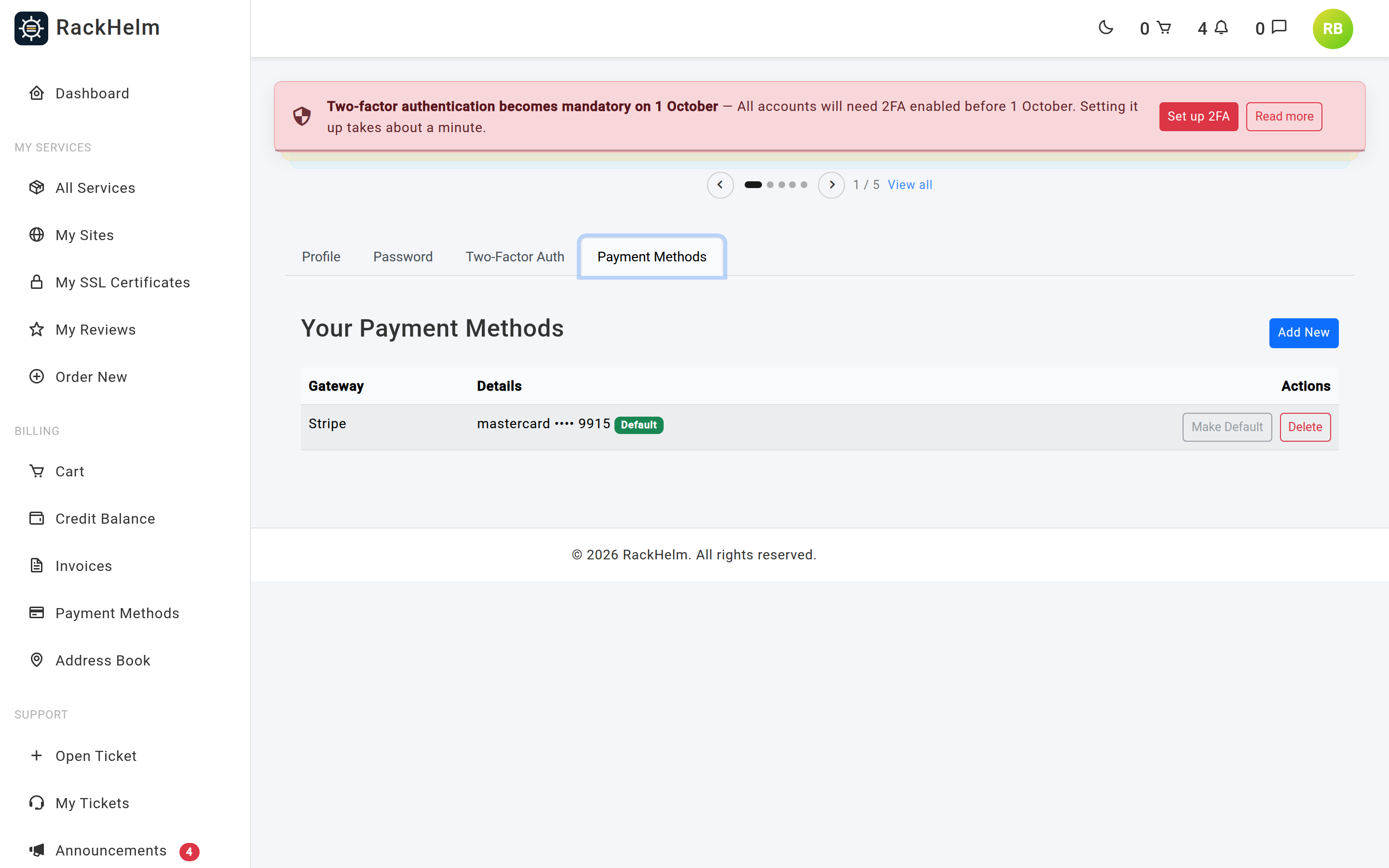 The Payment Methods tab listing a saved card with Make Default and Delete buttons