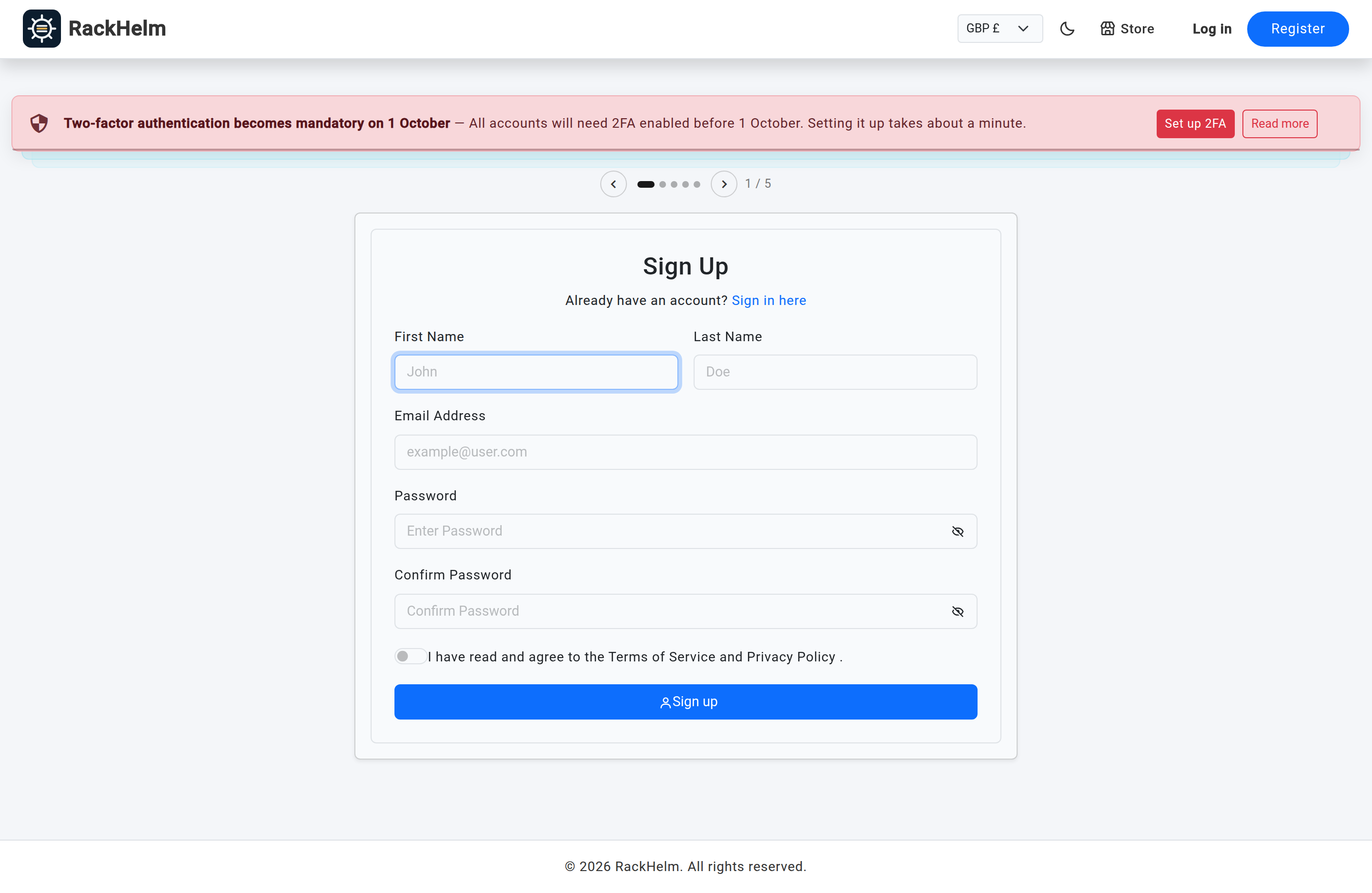 The Sign Up form showing name, email and password fields with a password strength meter