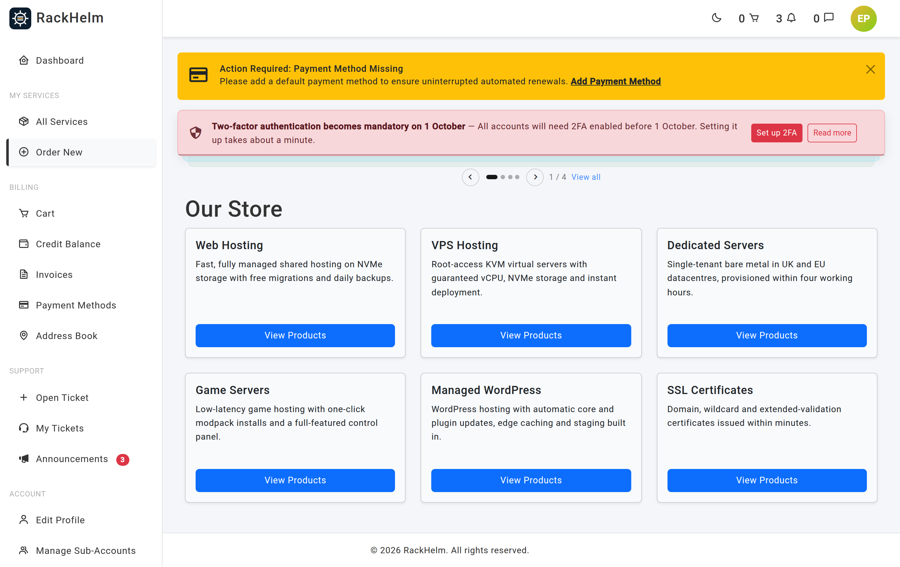 The store page showing product group cards with View Products buttons