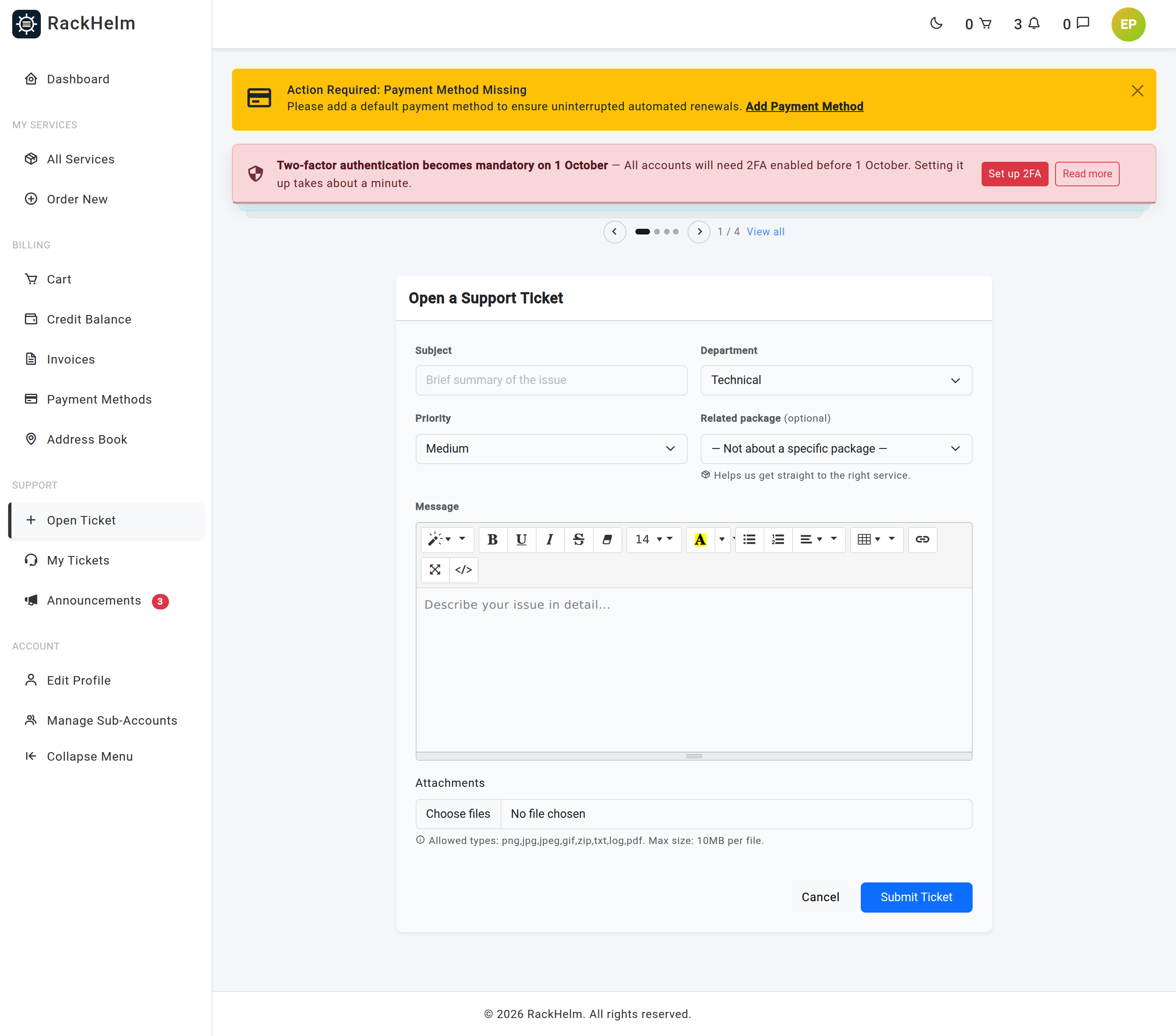 The Open a Support Ticket form with subject, department, priority, message editor and attachments