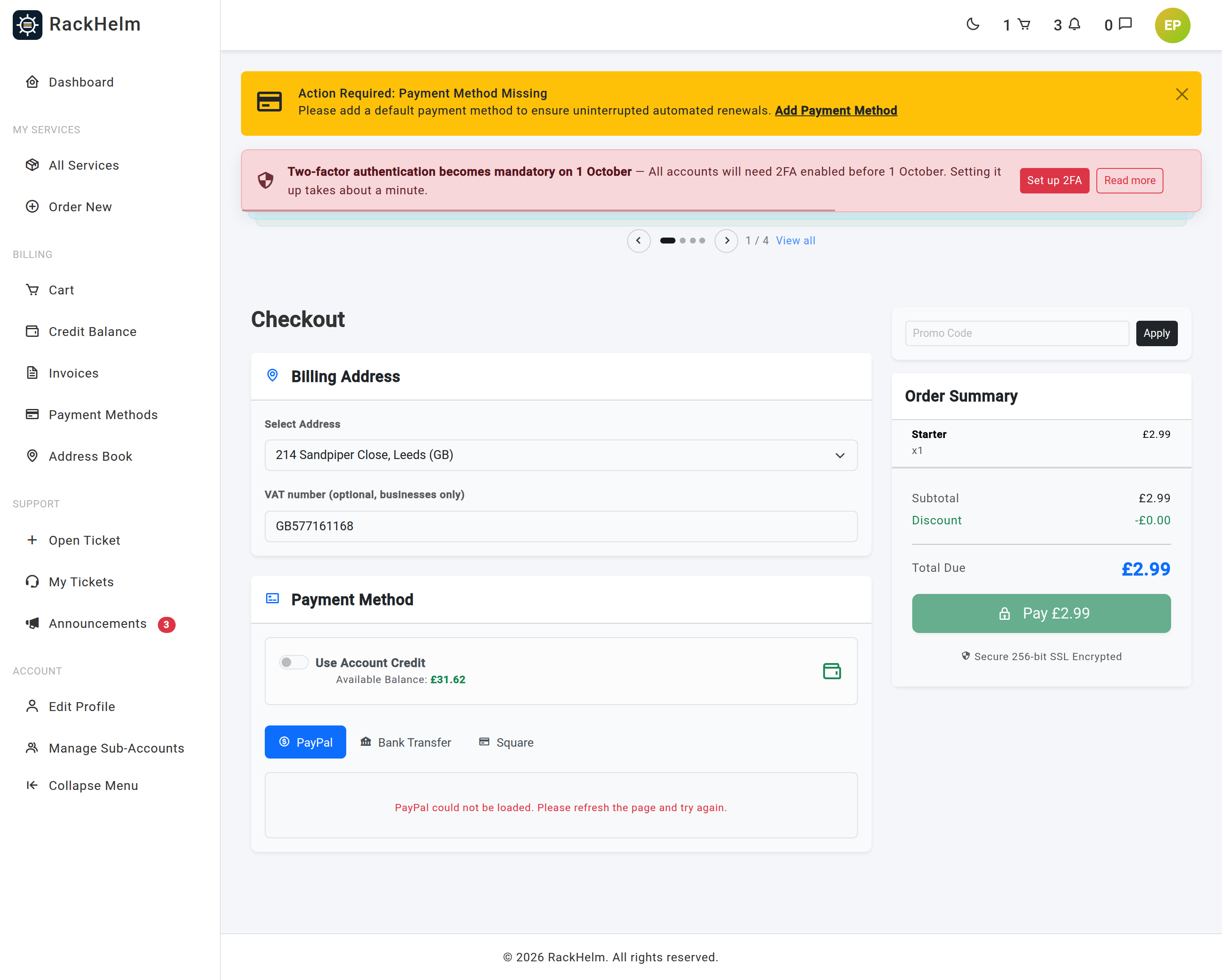 The Payment Method panel at checkout showing saved methods above tabs for Debit/Credit Card, PayPal and Bank Transfer