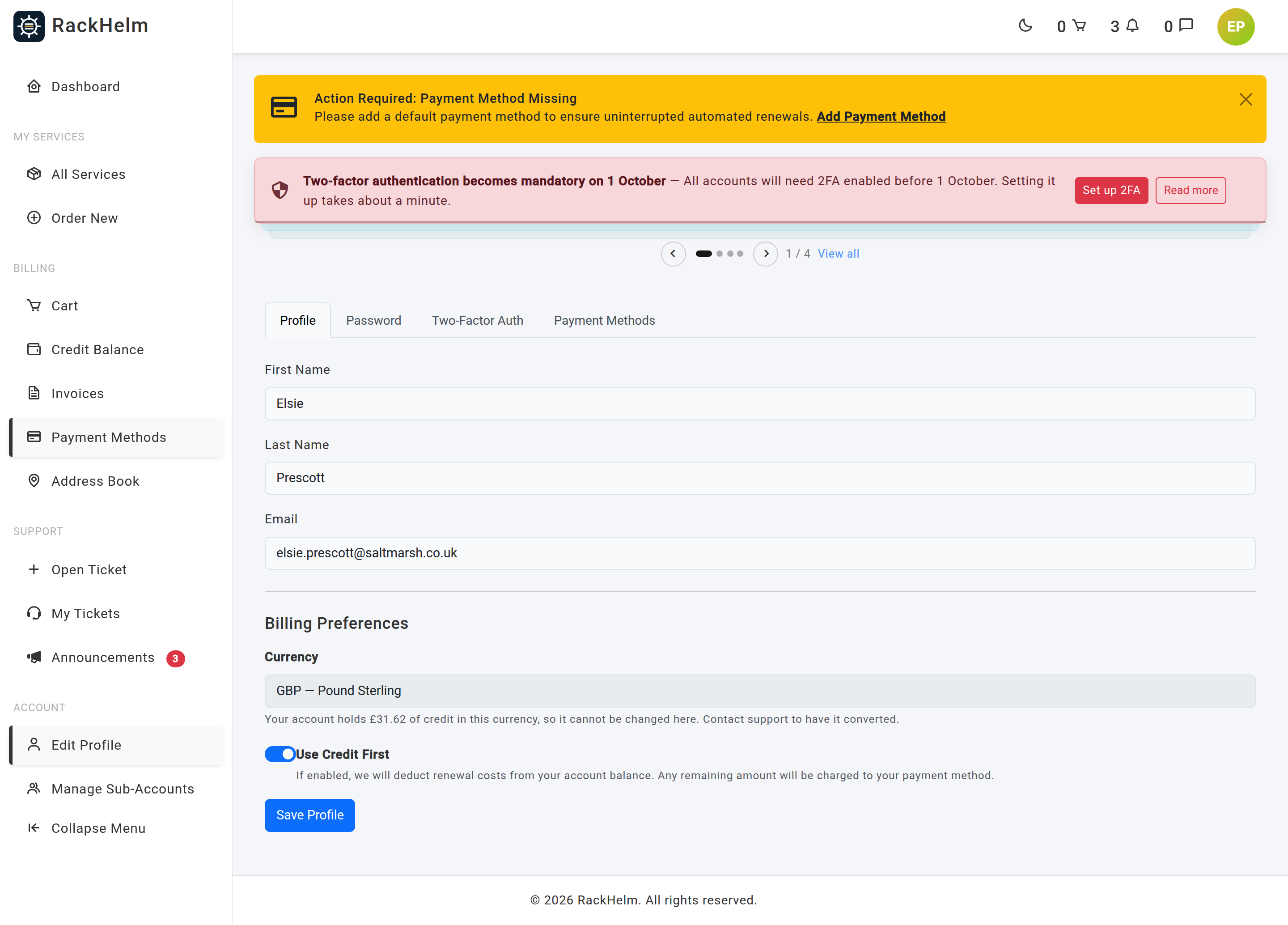 The Billing Preferences section of the profile page showing the Currency field disabled with an explanation that the account holds credit