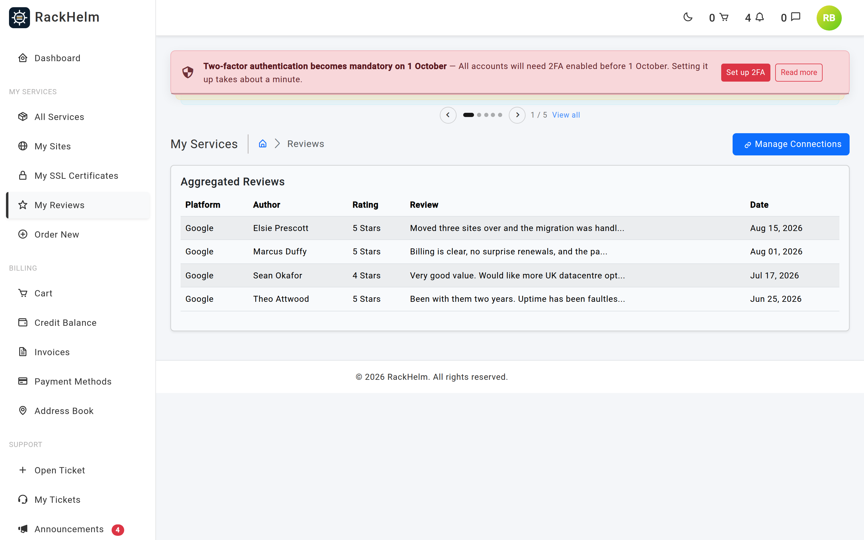 The My Reviews page showing aggregated reviews from connected platforms