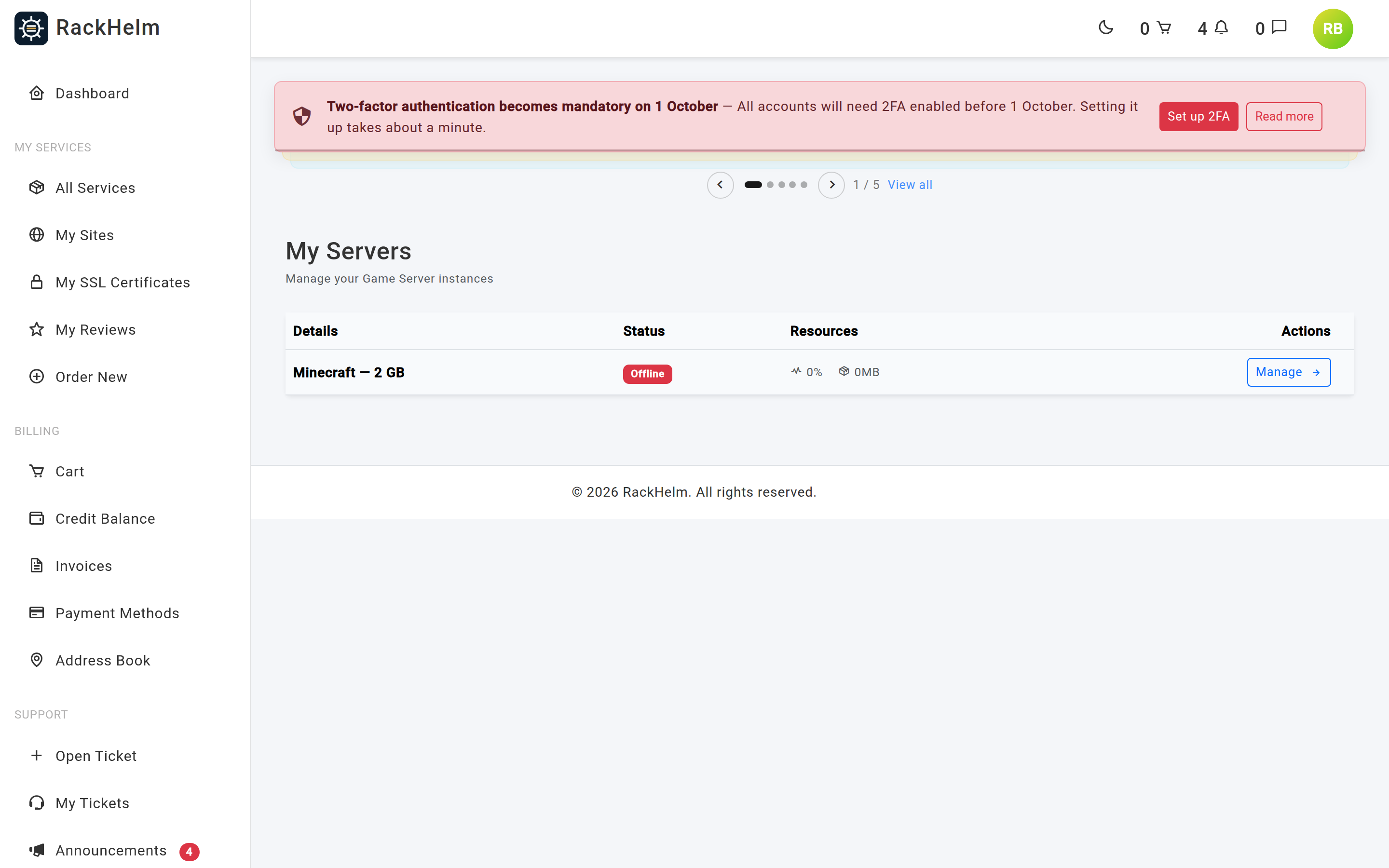 The My Servers list with live status badges and Manage buttons