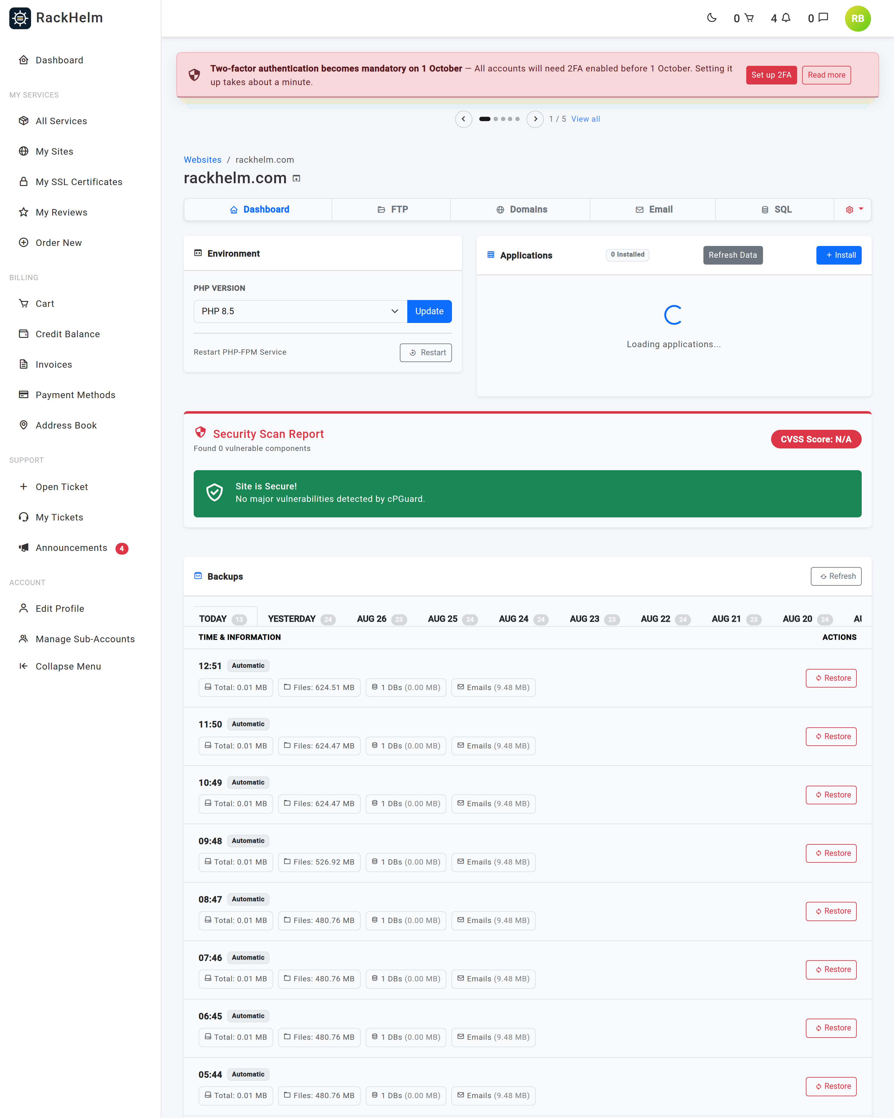 The Applications card listing an installed WordPress with an SSO button