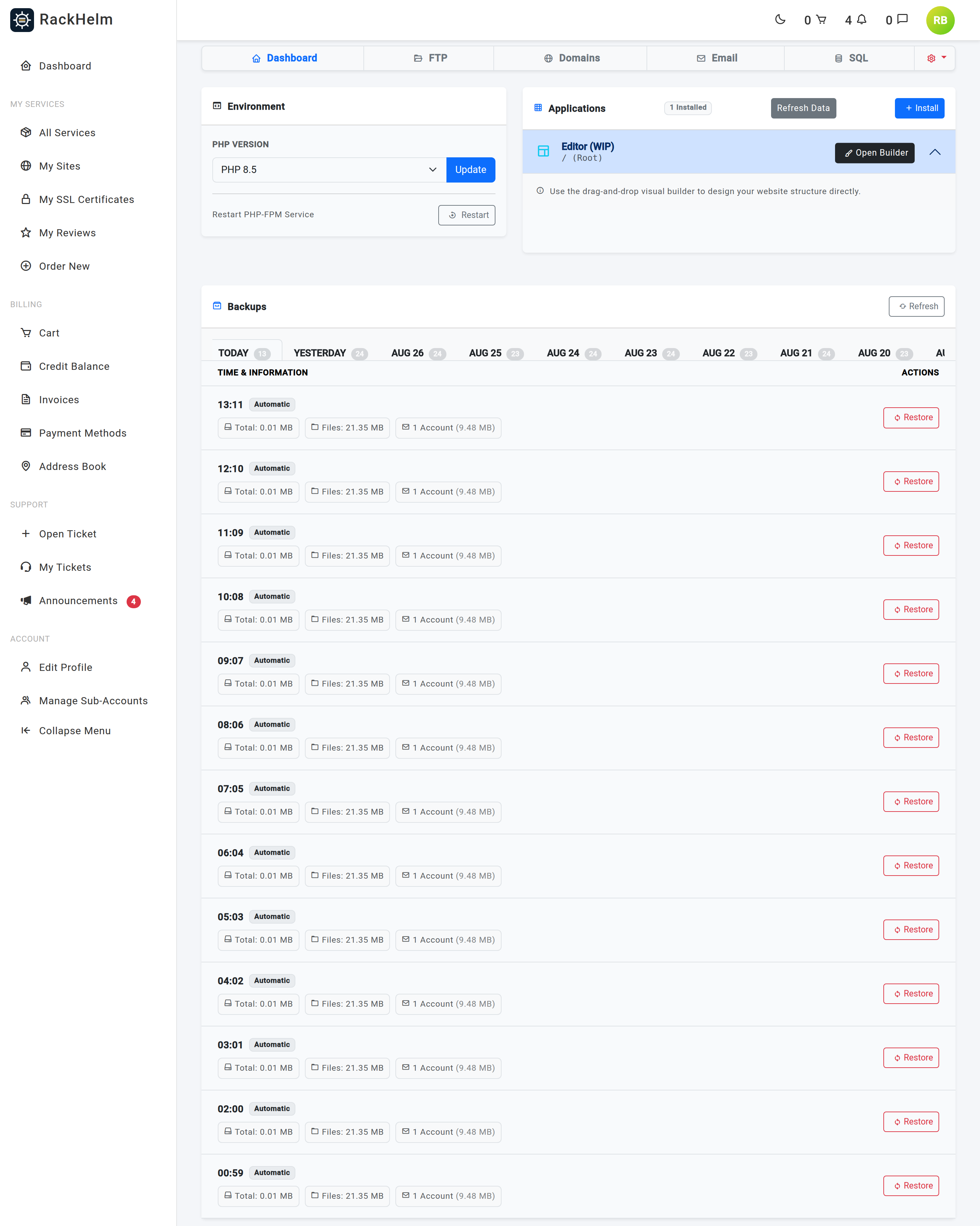 The Backups panel with date tabs and a list of snapshots with size breakdowns
