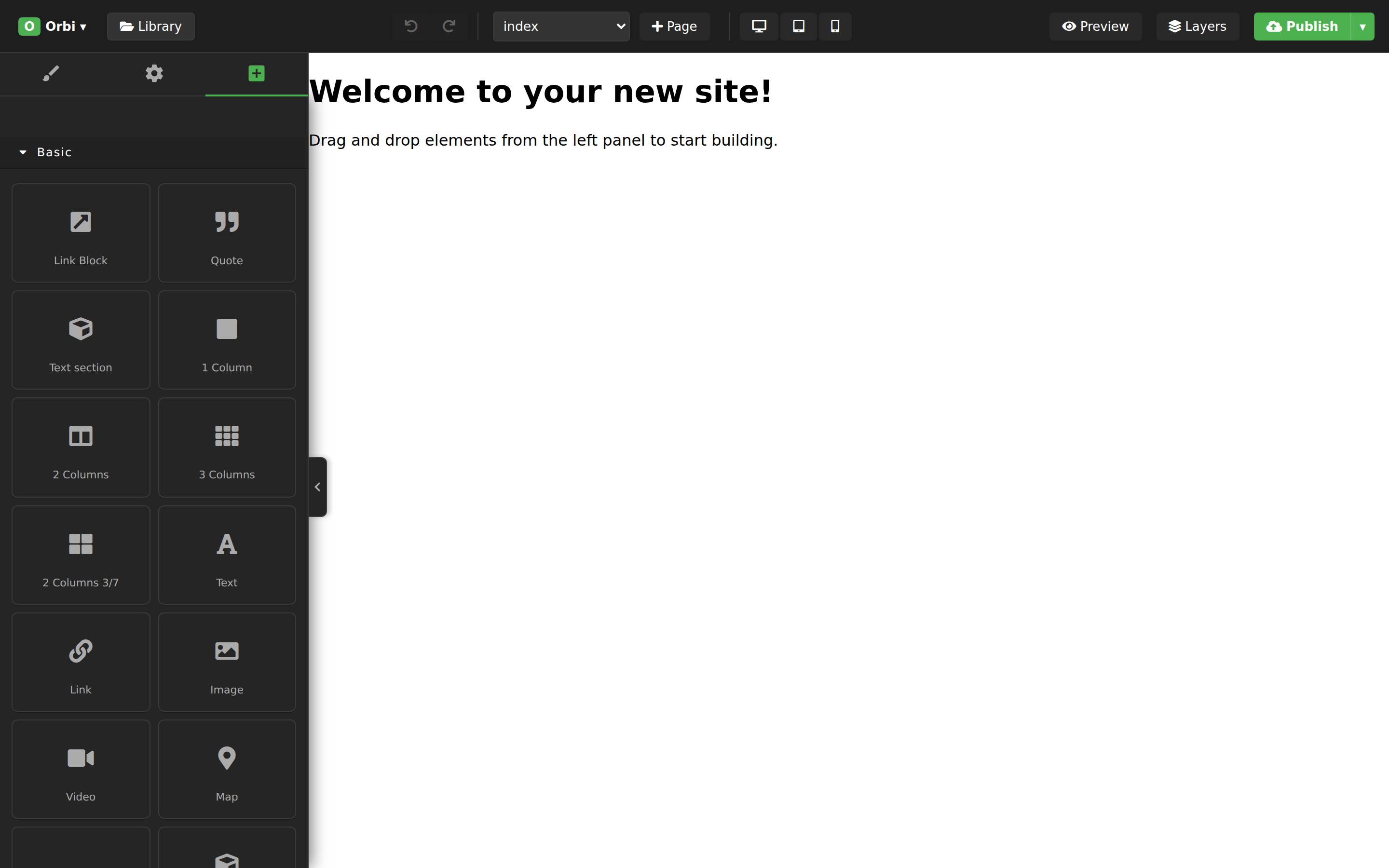 The website builder with a block panel on the left, canvas in the middle and a top toolbar