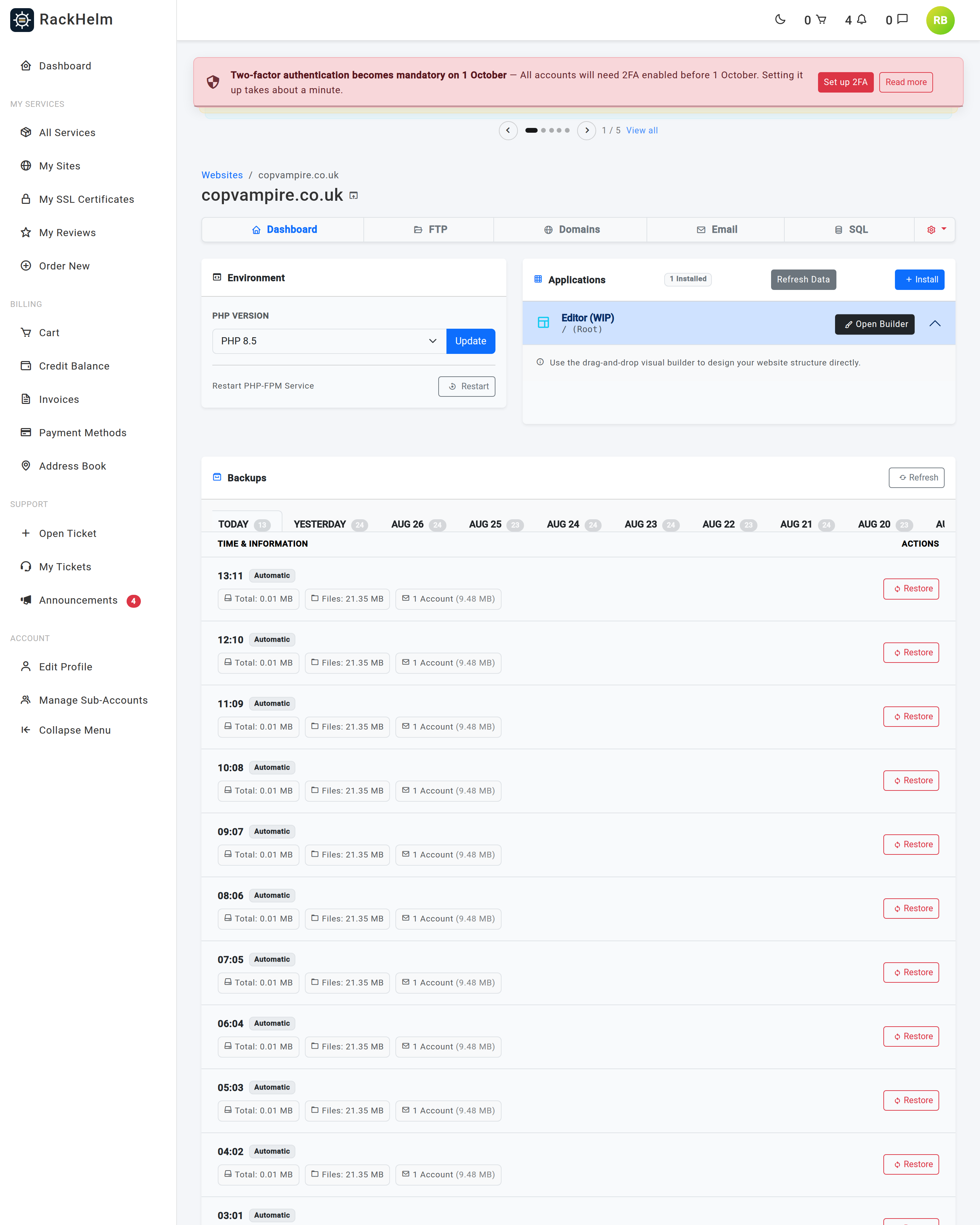 The site dashboard with an Environment card, an Applications list, a security scan panel and backups