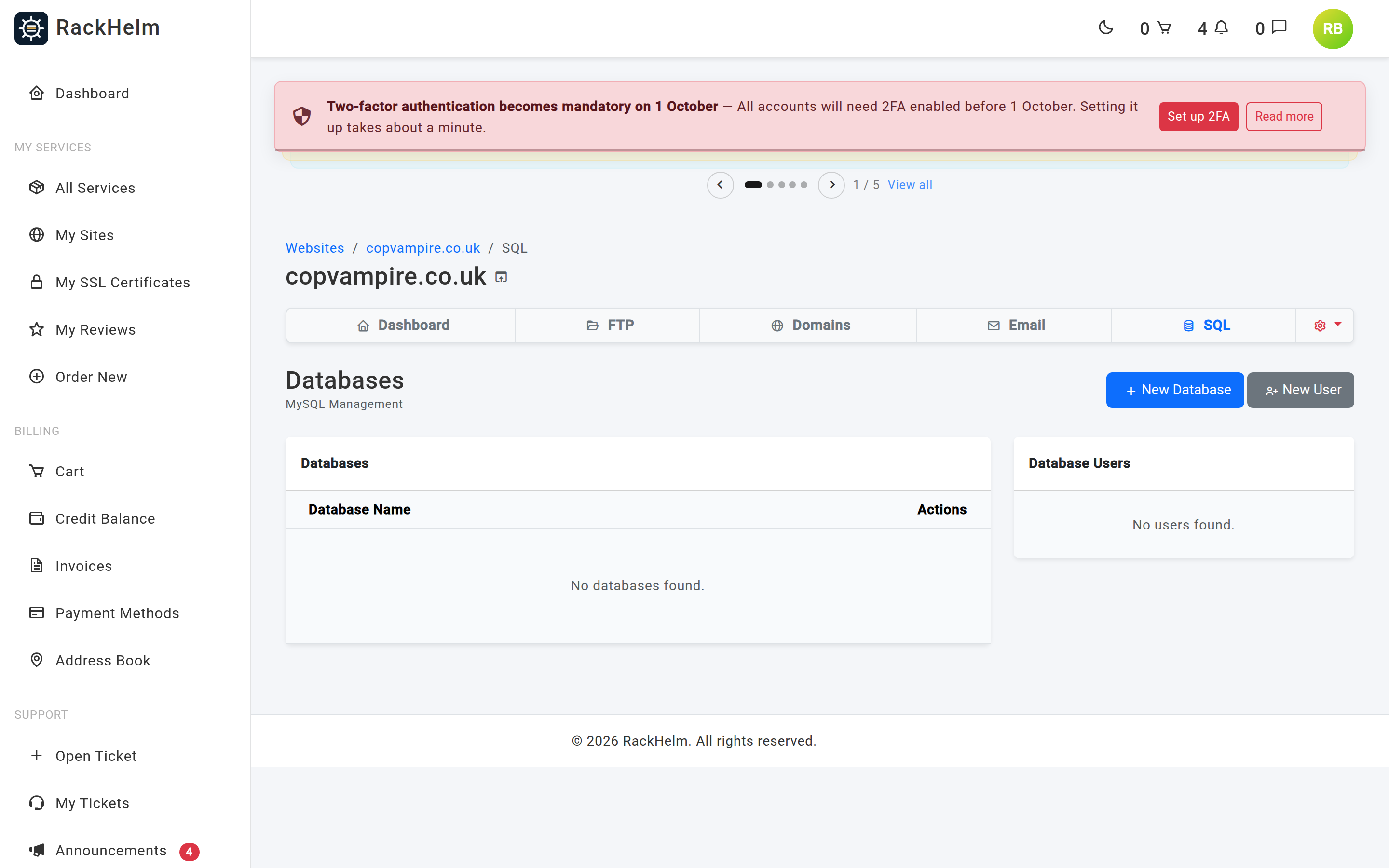 The Databases page with a list of databases on the left and database users on the right