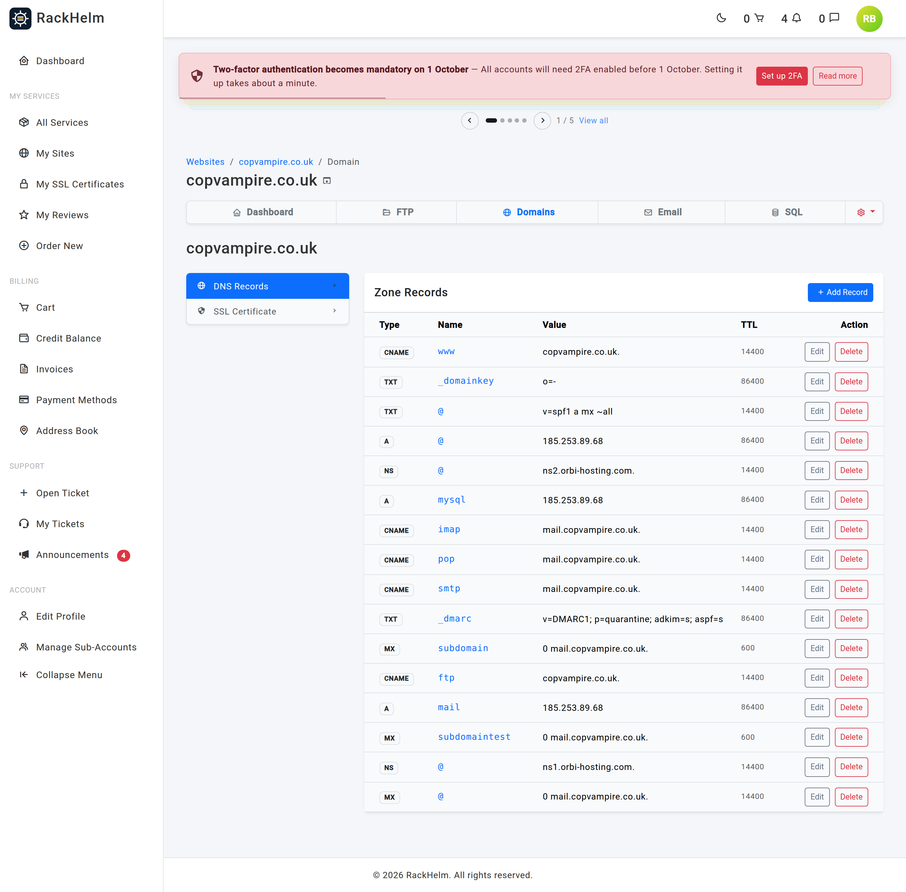 The Zone Records tab listing DNS records with Edit and Delete buttons