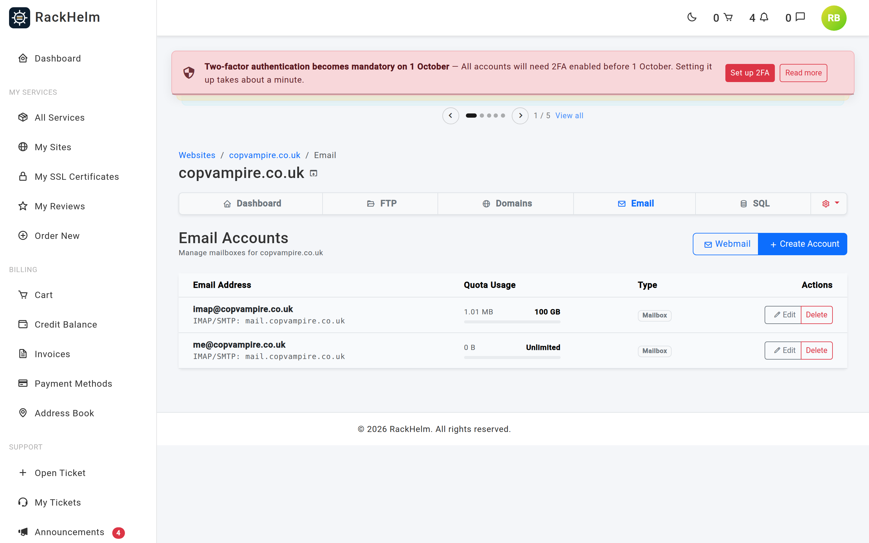 The Email Accounts page listing mailboxes with quota usage bars