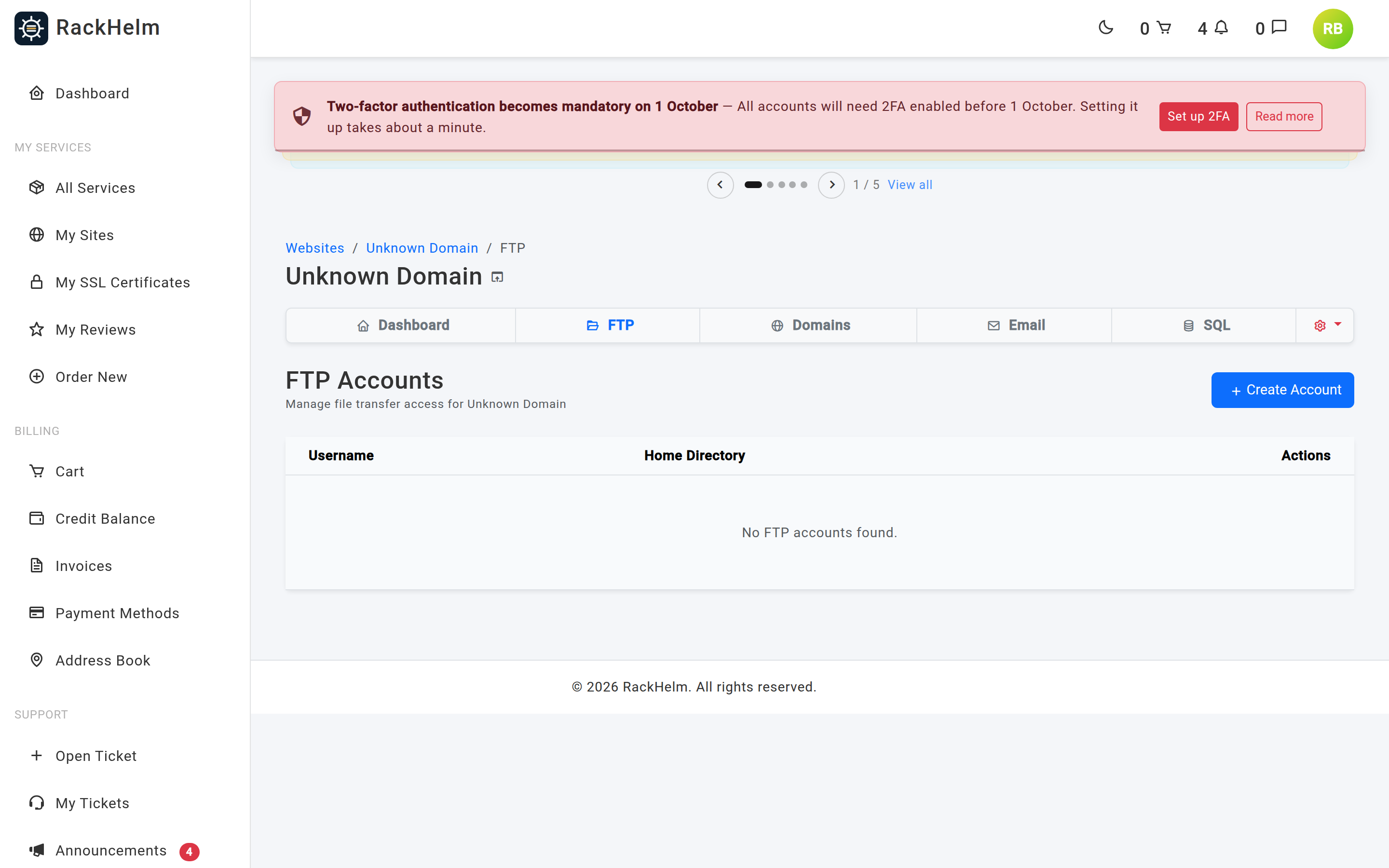 The FTP Accounts page listing usernames and home directories