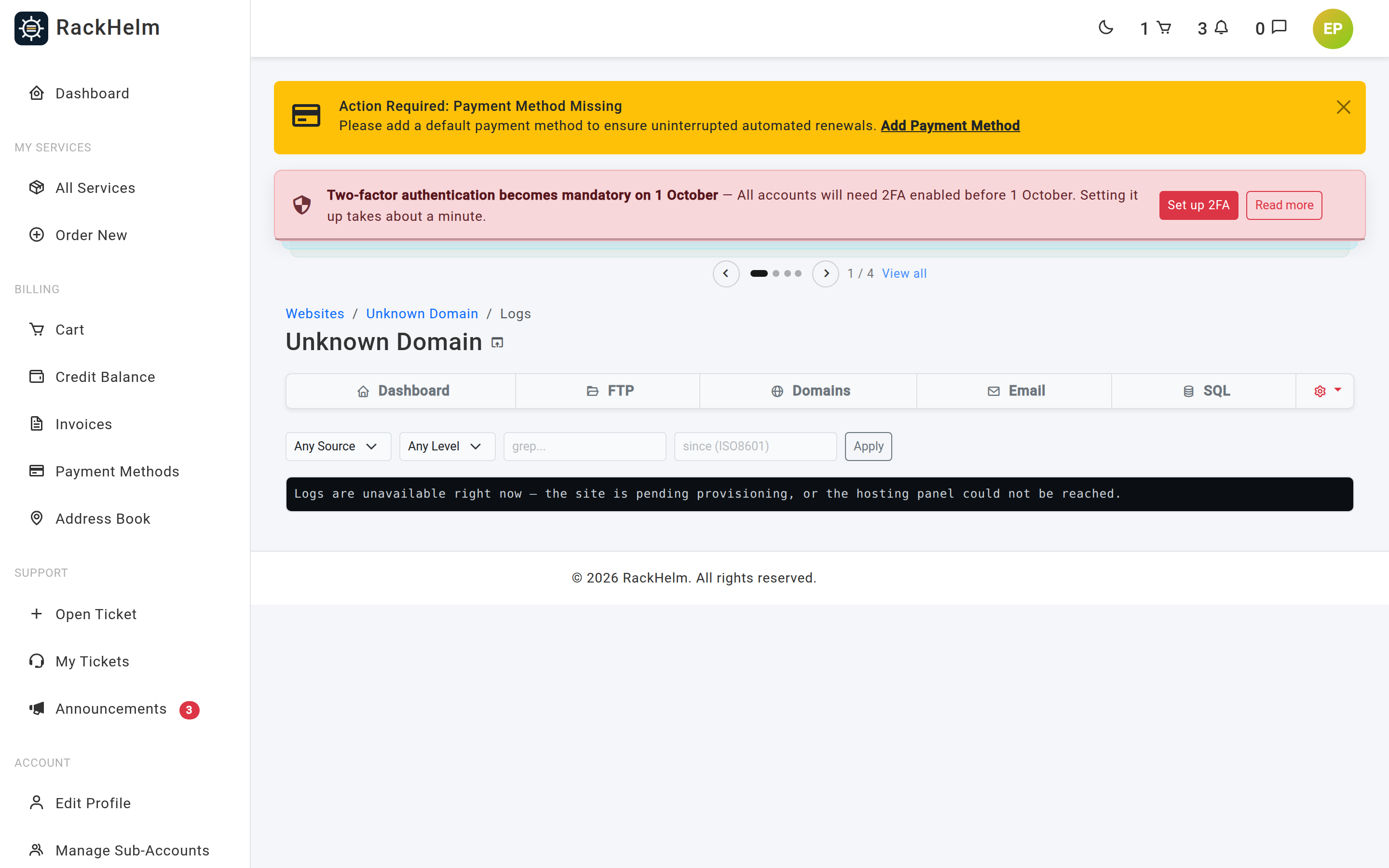 The site log viewer with source, level, grep and since filters above a dark log pane