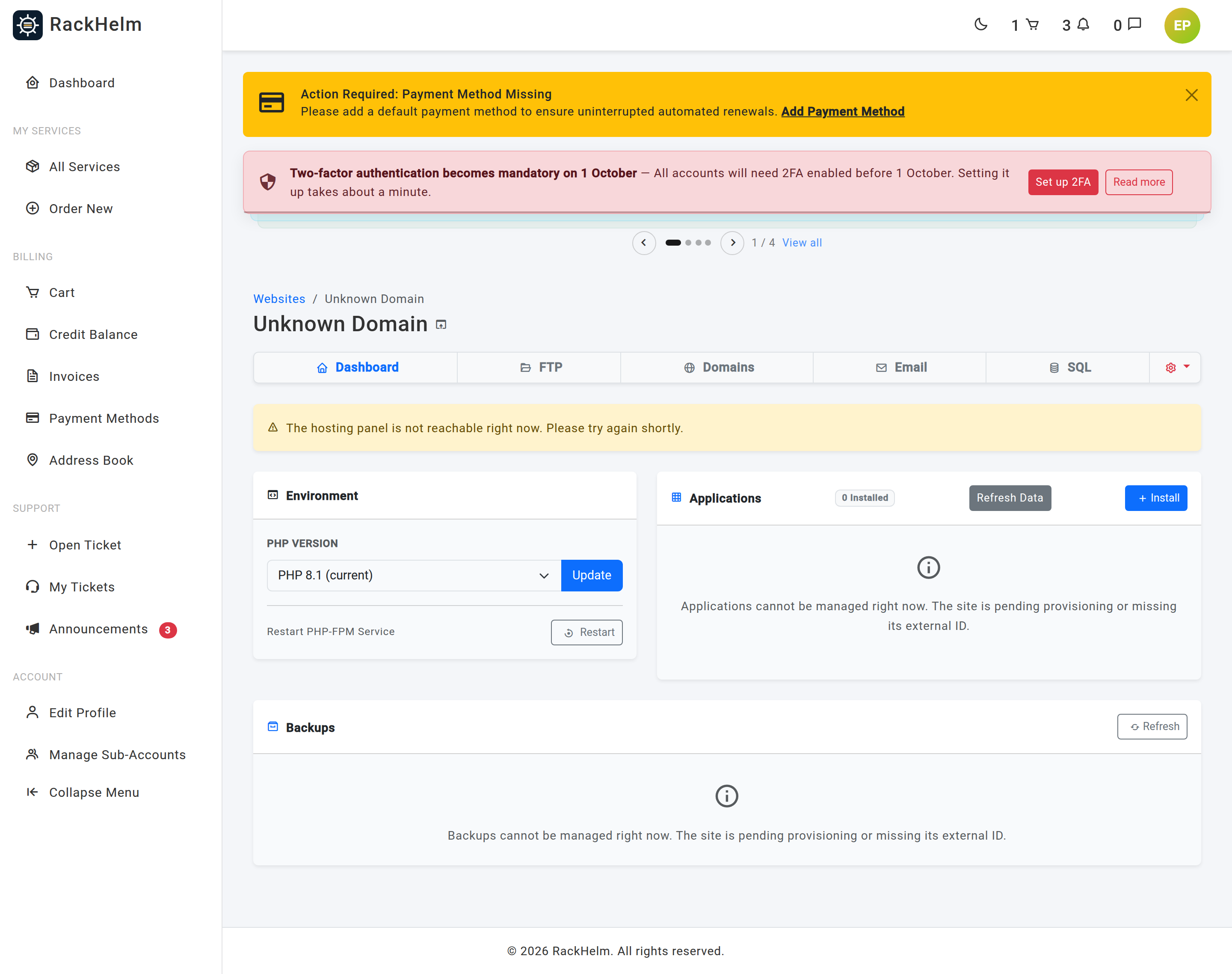 The Environment card showing a PHP version dropdown and a Restart PHP-FPM control