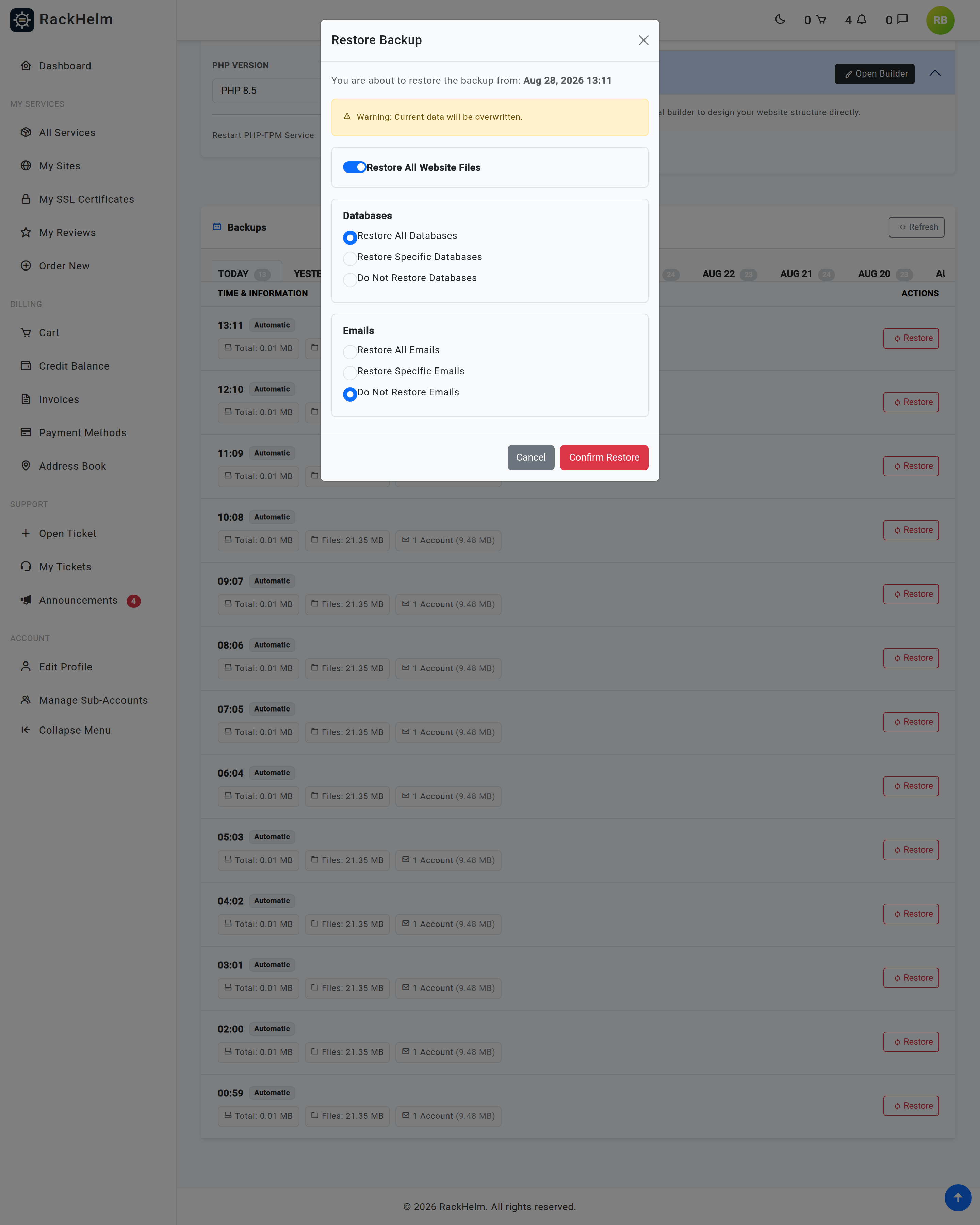 The Restore Backup dialog with switches for files, databases and emails
