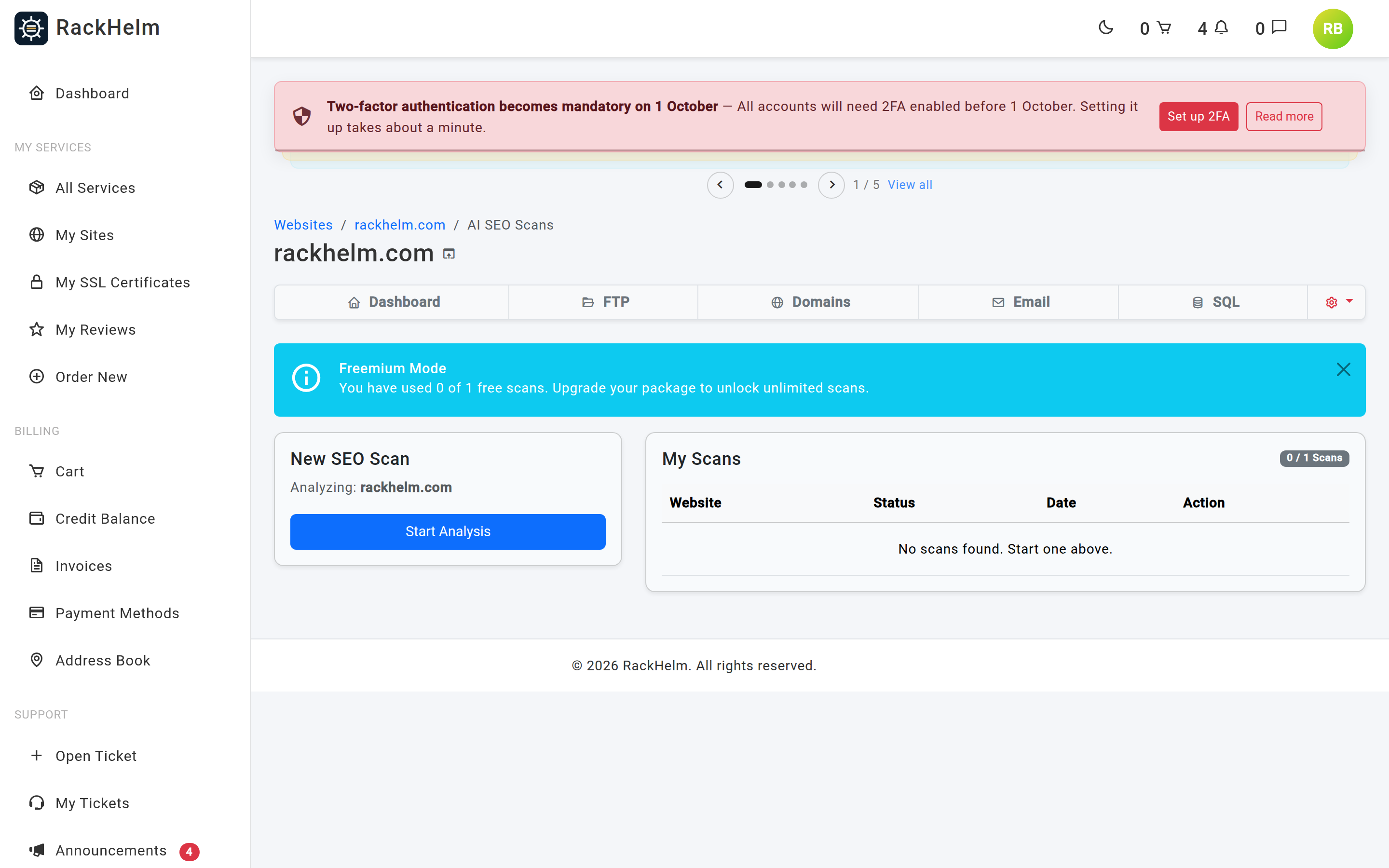 The AI SEO page with a scan usage bar, a New SEO Scan card and a list of past scans