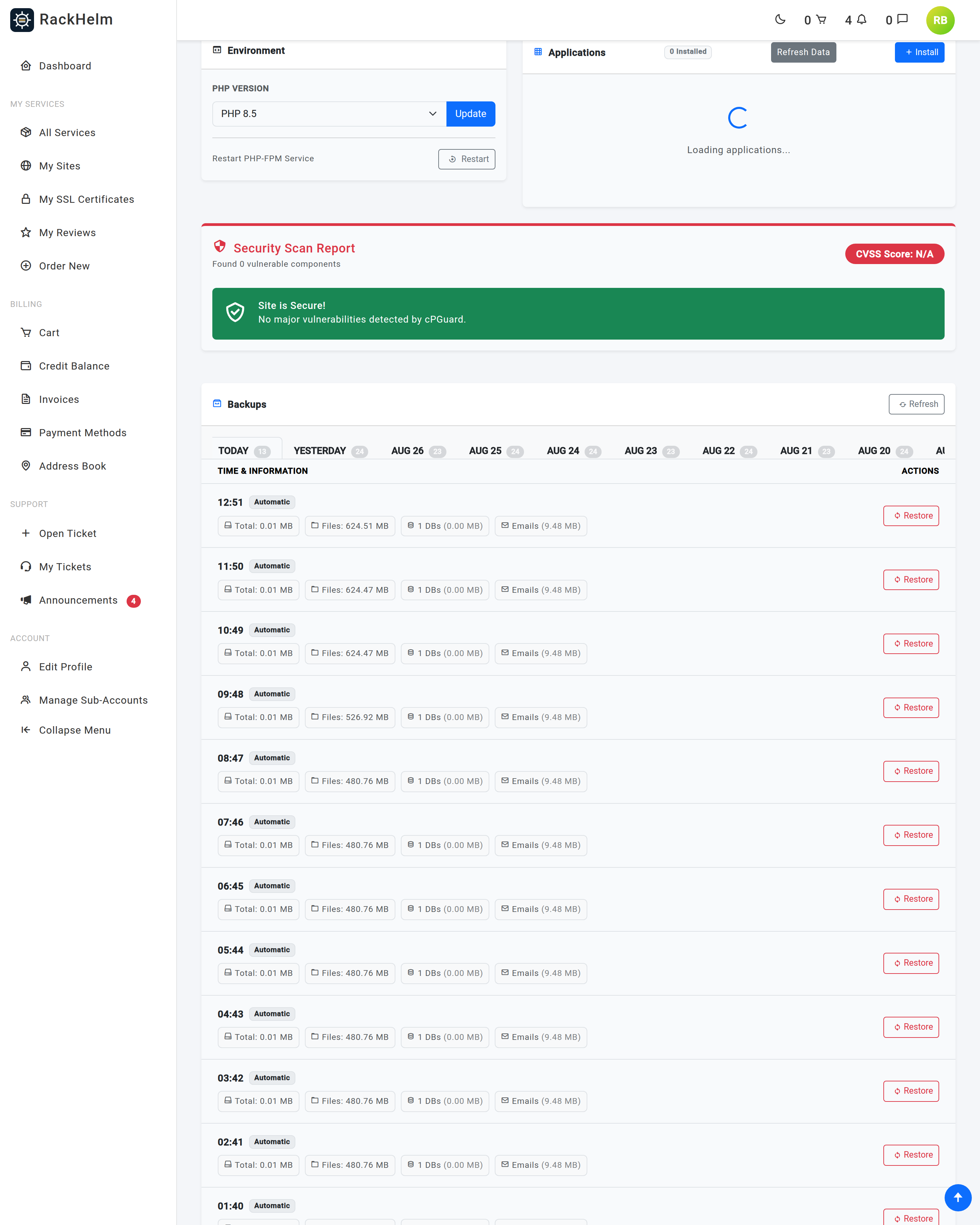 The Security Scan Report panel listing vulnerable plugins with CVSS ratings