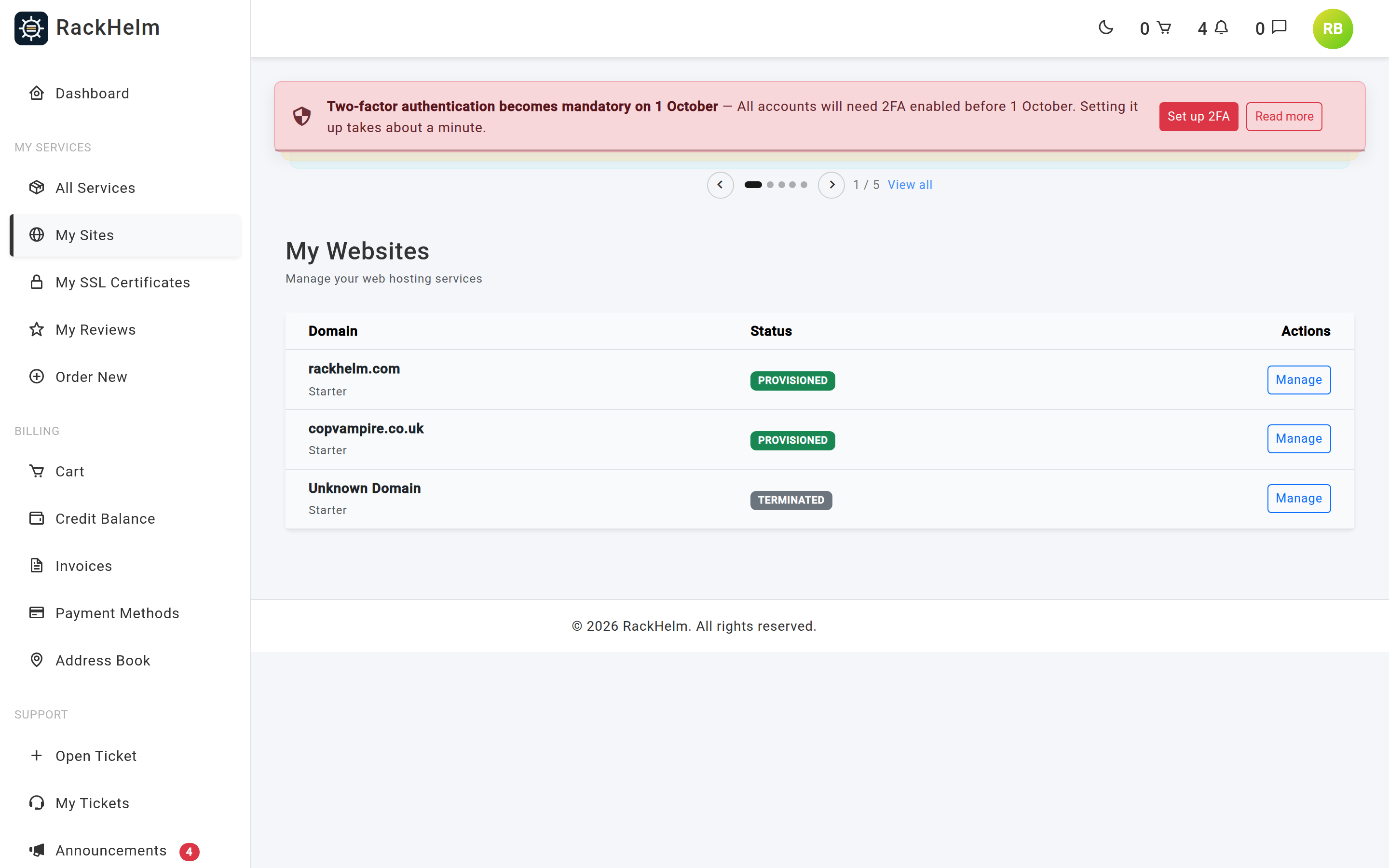 The My Websites list showing domain, status and a Manage button per row