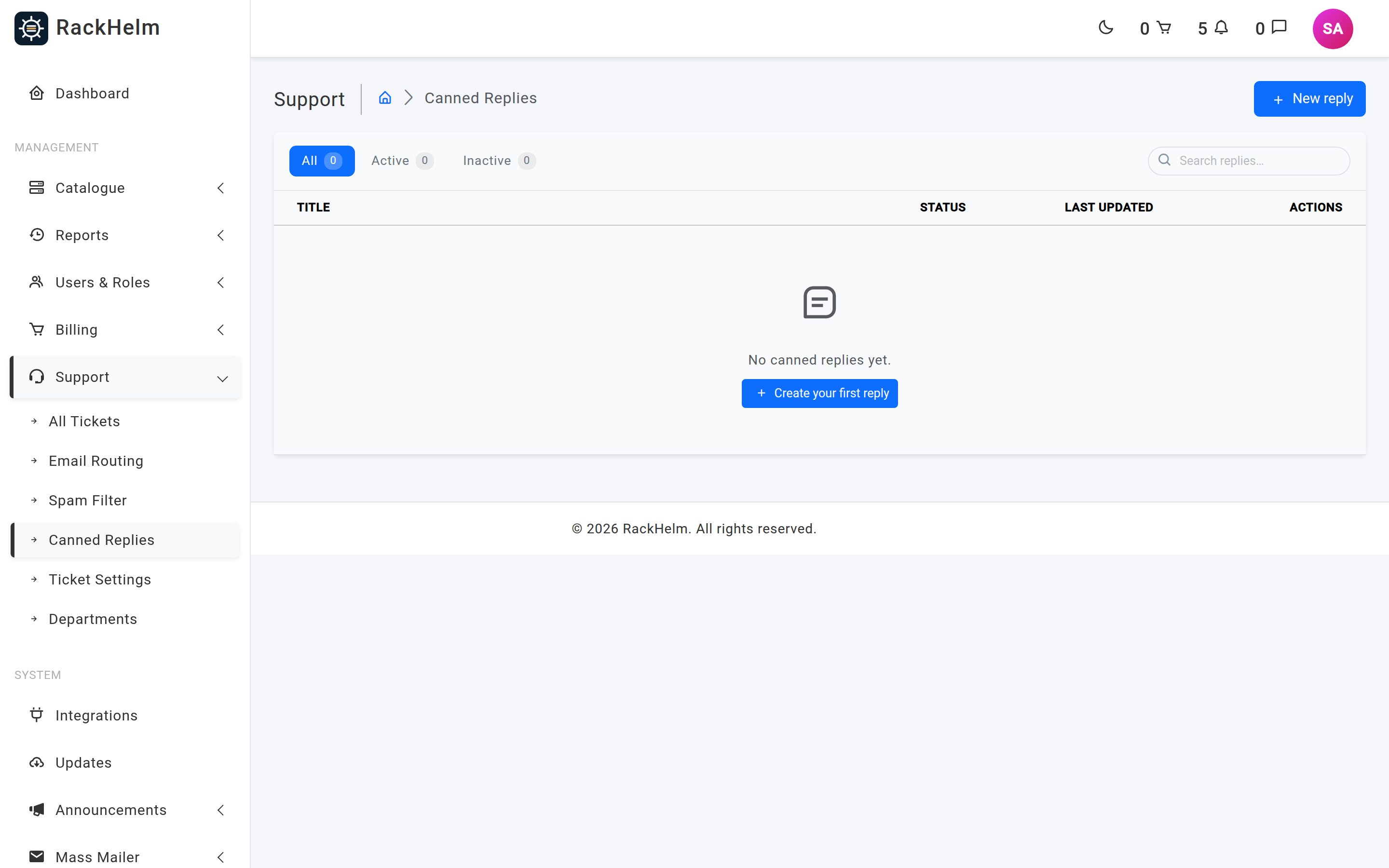The Canned Replies list with All, Active and Inactive pills, a search box, and rows showing title, an active toggle, last updated and preview, edit and delete buttons