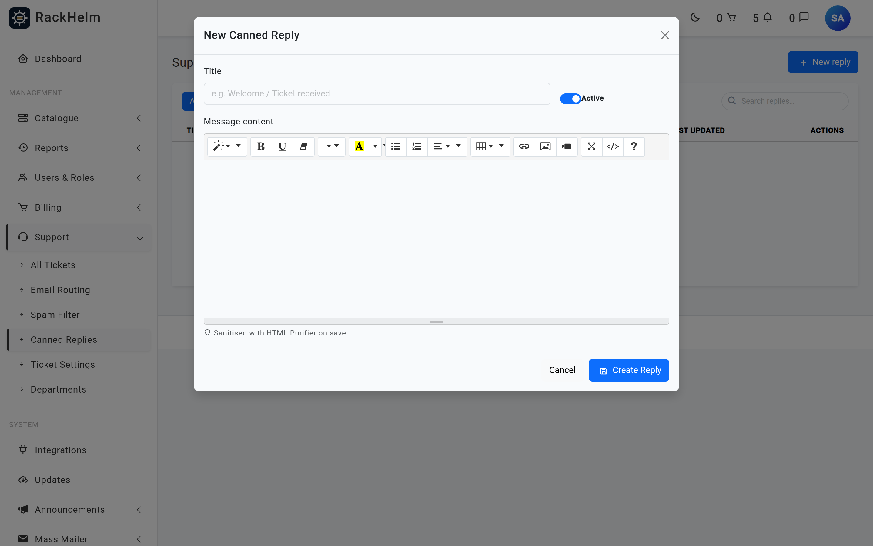 The canned reply modal with a Title field, an Active switch and a rich-text Message content editor