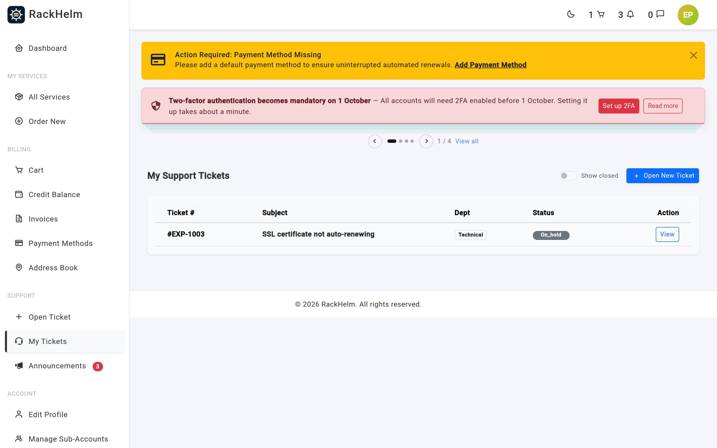 The customer's My Support Tickets page listing ticket number, subject, department and status with a Show closed switch and an Open New Ticket button