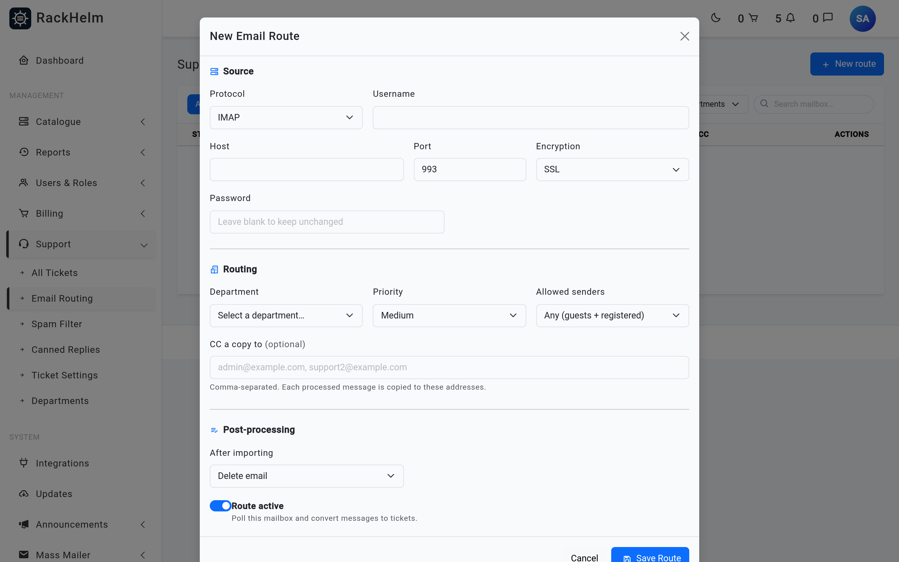 The email route modal with Source, Routing and Post-processing sections