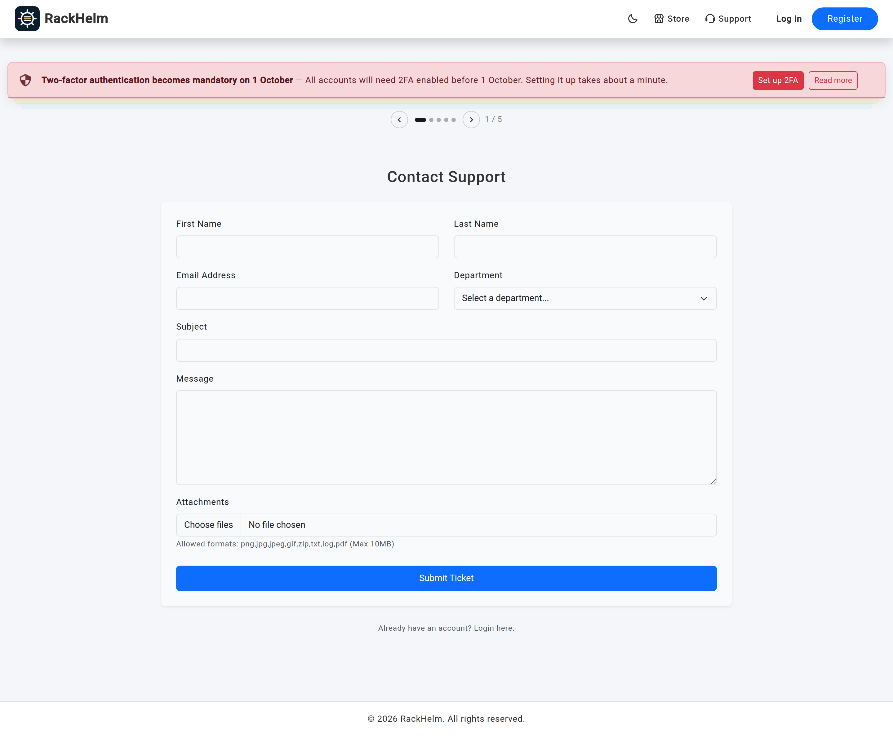 The public Contact Support form with first name, last name, email, department, subject, message and attachment fields