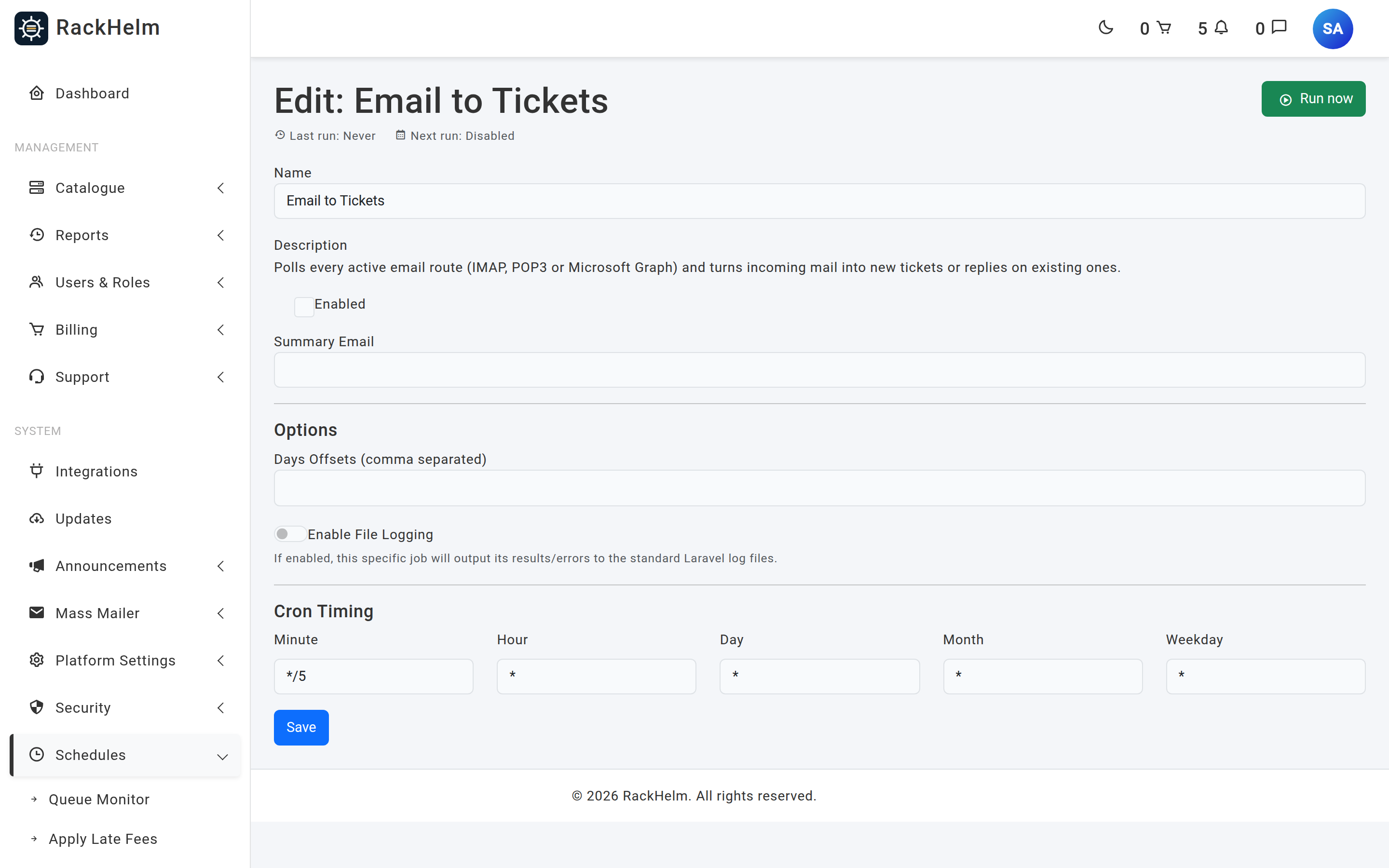 The Email to Tickets entry on the System Schedules screen showing its cron fields and enabled switch