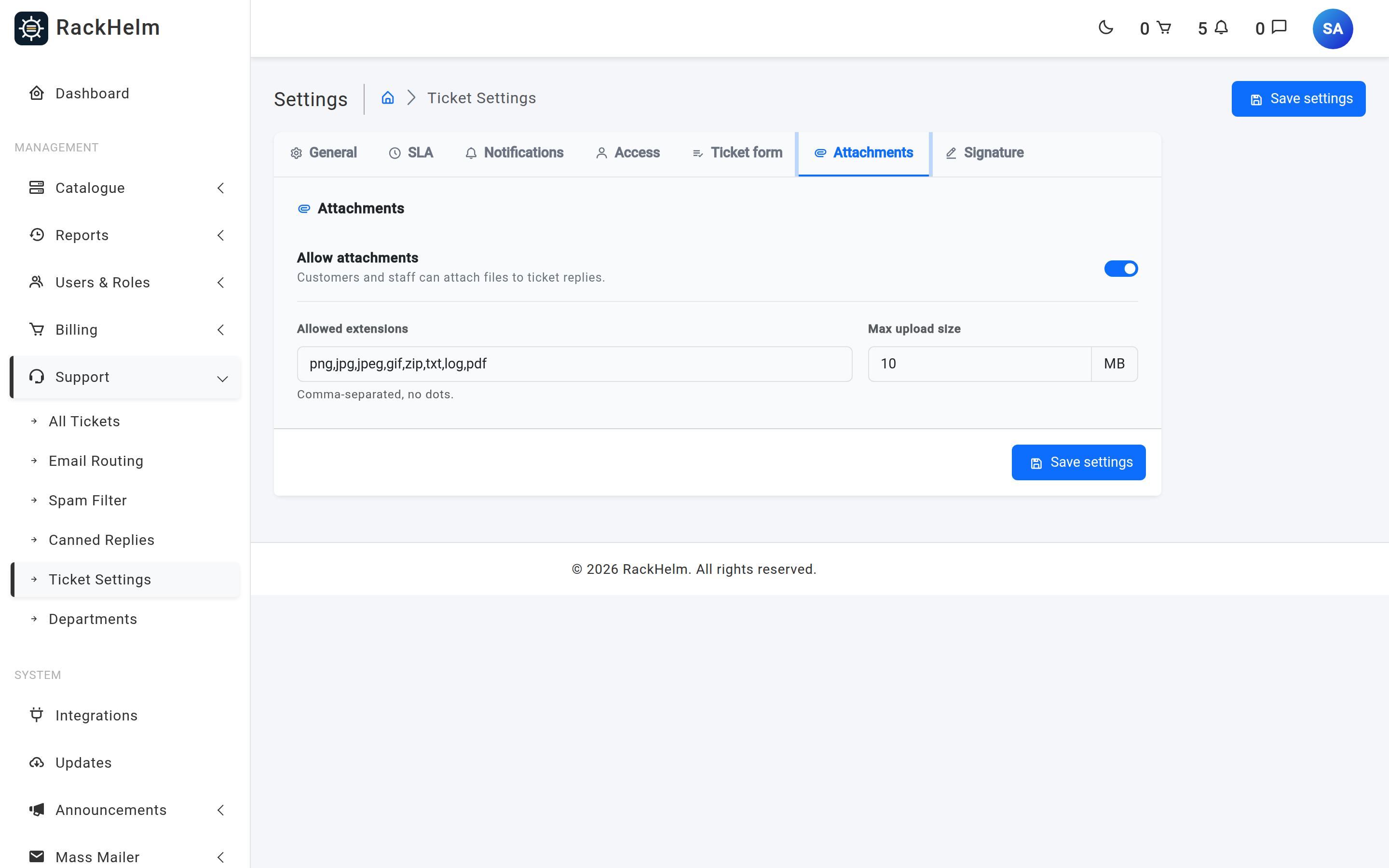 The Attachments tab with the Allow attachments switch, an Allowed extensions field and a Max upload size field in megabytes