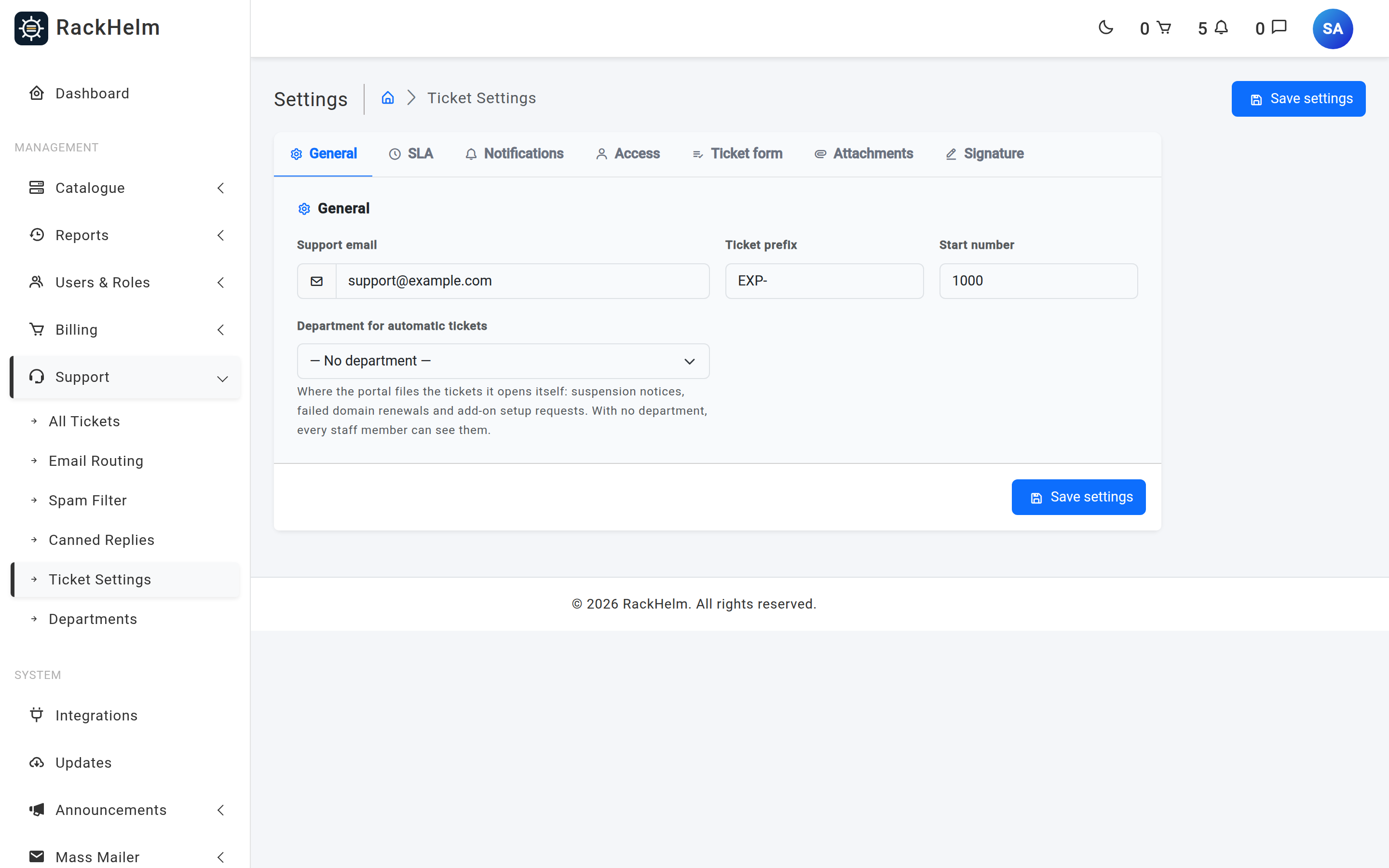 The General tab of Ticket Settings with Support email, Ticket prefix, Start number and Department for automatic tickets fields