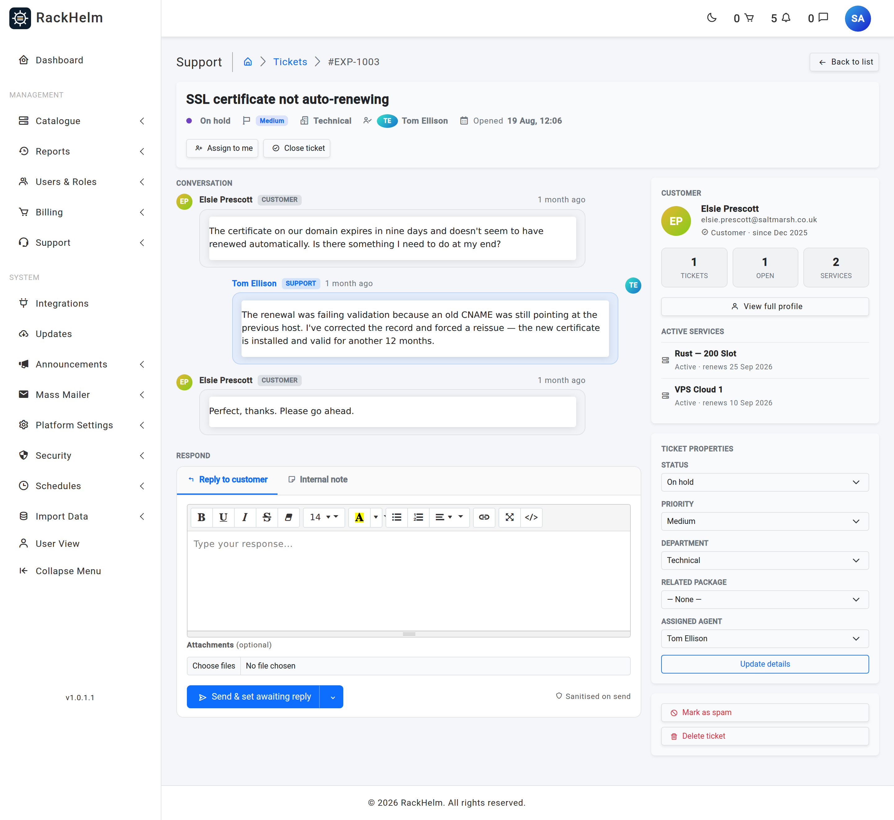 An open ticket showing the subject header with status, priority, department, assignee and SLA chip, the conversation thread on the left and the customer panel on the right