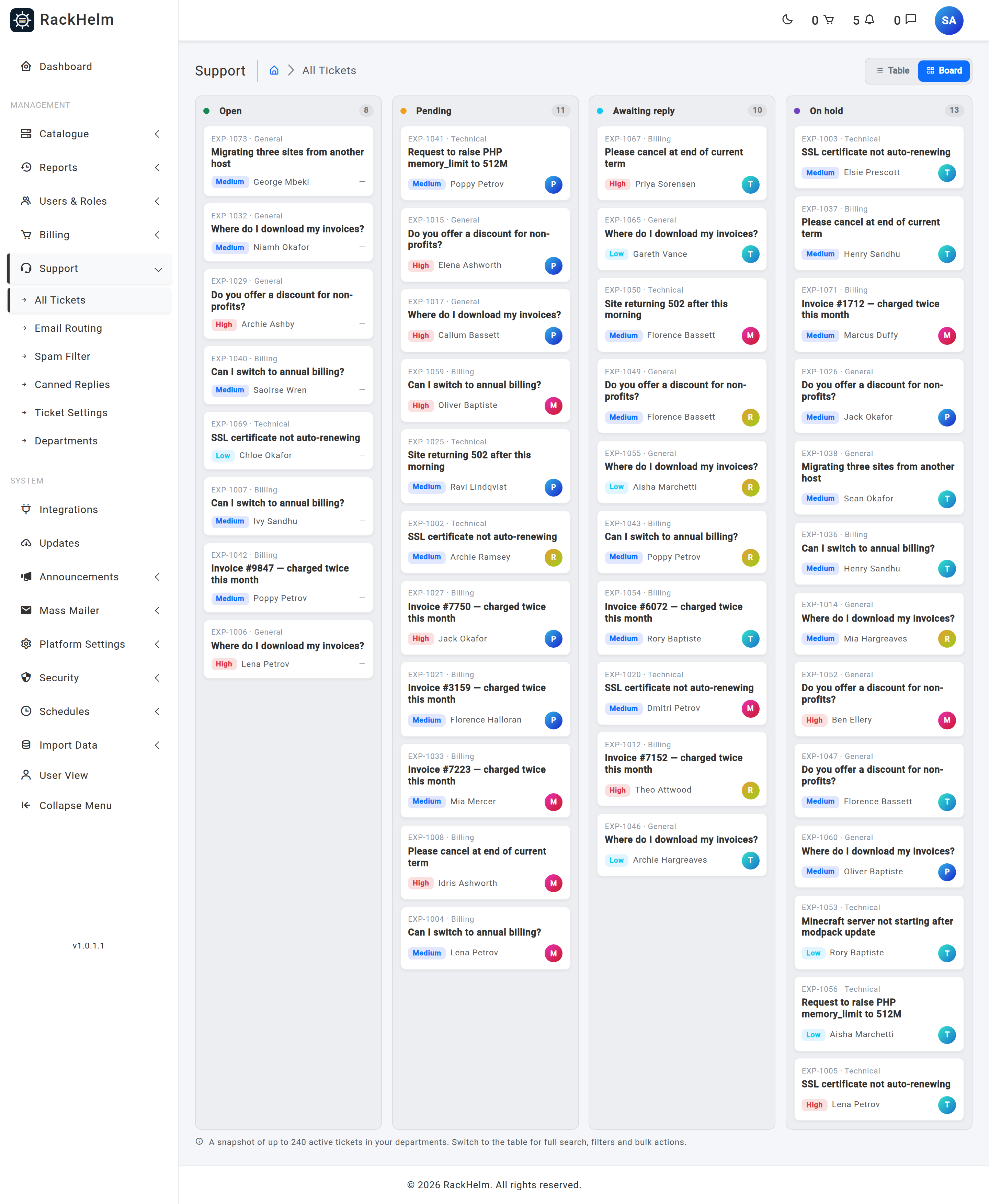 The board view with four columns — Open, Pending, Awaiting reply and On hold — each holding ticket cards