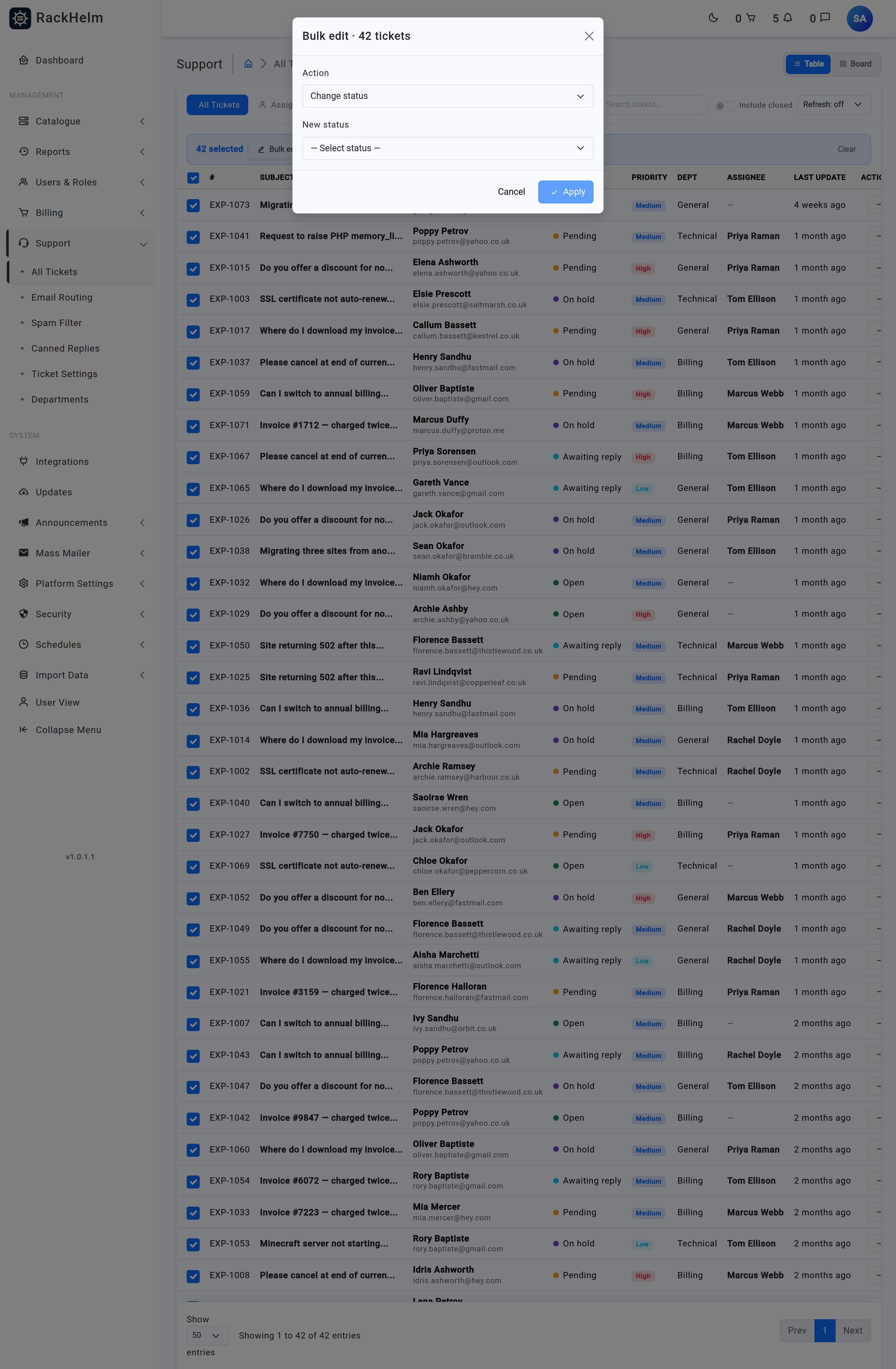 The Bulk edit modal with the Action dropdown open showing status, priority, department, assign and delete